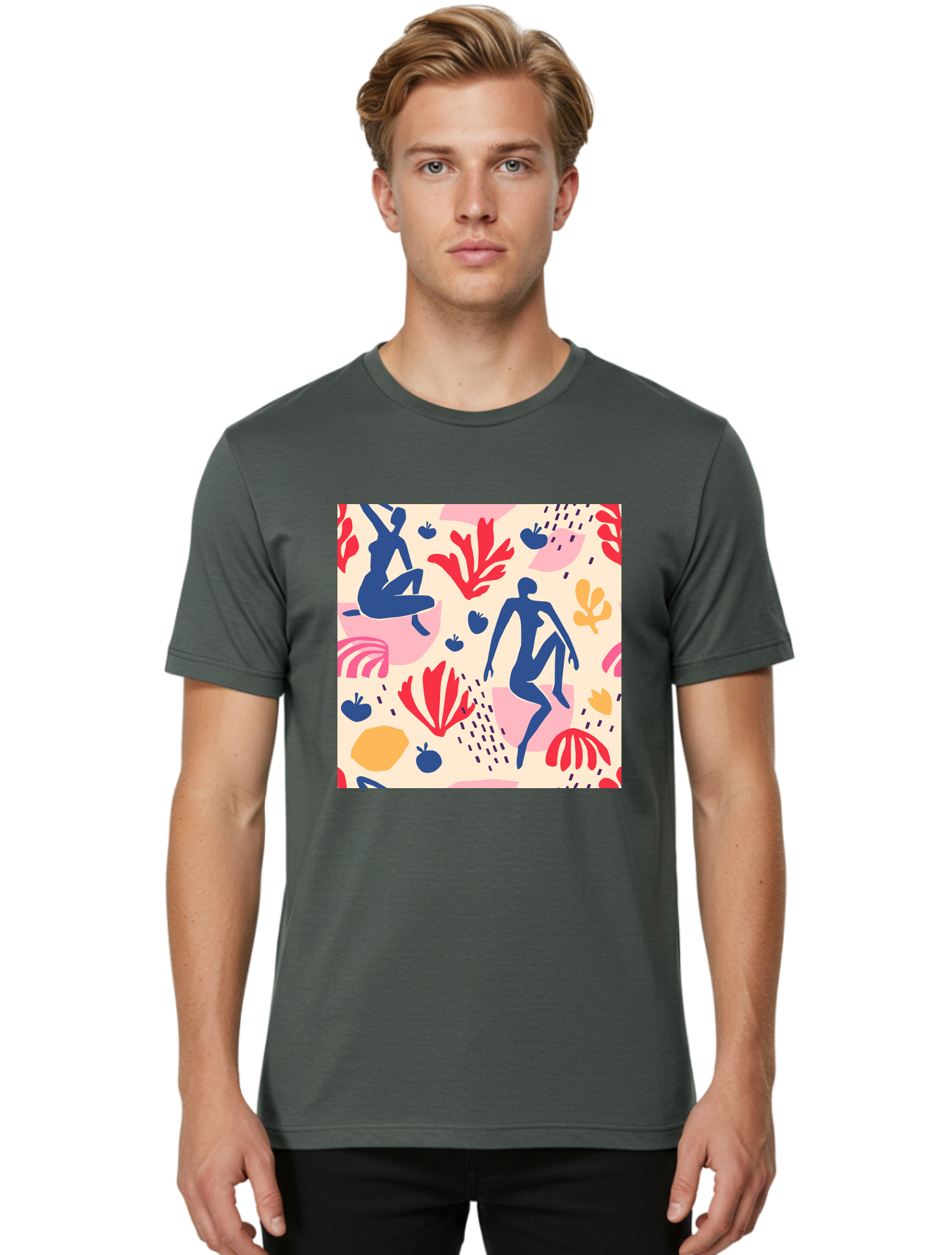Abstract-Figures Men'S Graphic Tee, 100% Cotton, Comfortable Casual Summer Wear, Machine Washable, Blue Silhouettes Dancing, Abstract Floral Pattern, Vibrant Colors, Dynamic Movement, Playful Atmosphere, Modern Art, Colorful Design, Aab601
