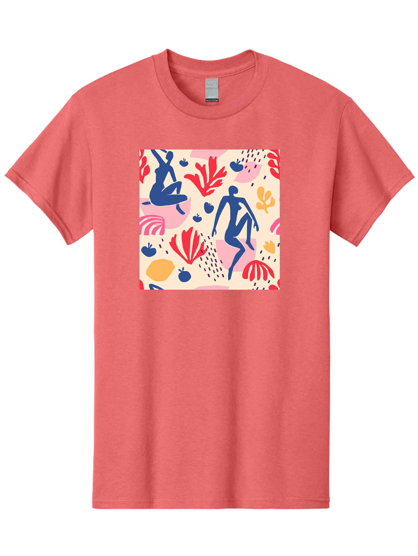 Abstract-Figures Men'S Graphic Tee, 100% Cotton, Comfortable Casual Summer Wear, Machine Washable, Blue Silhouettes Dancing, Abstract Floral Pattern, Vibrant Colors, Dynamic Movement, Playful Atmosphere, Modern Art, Colorful Design, Aab601