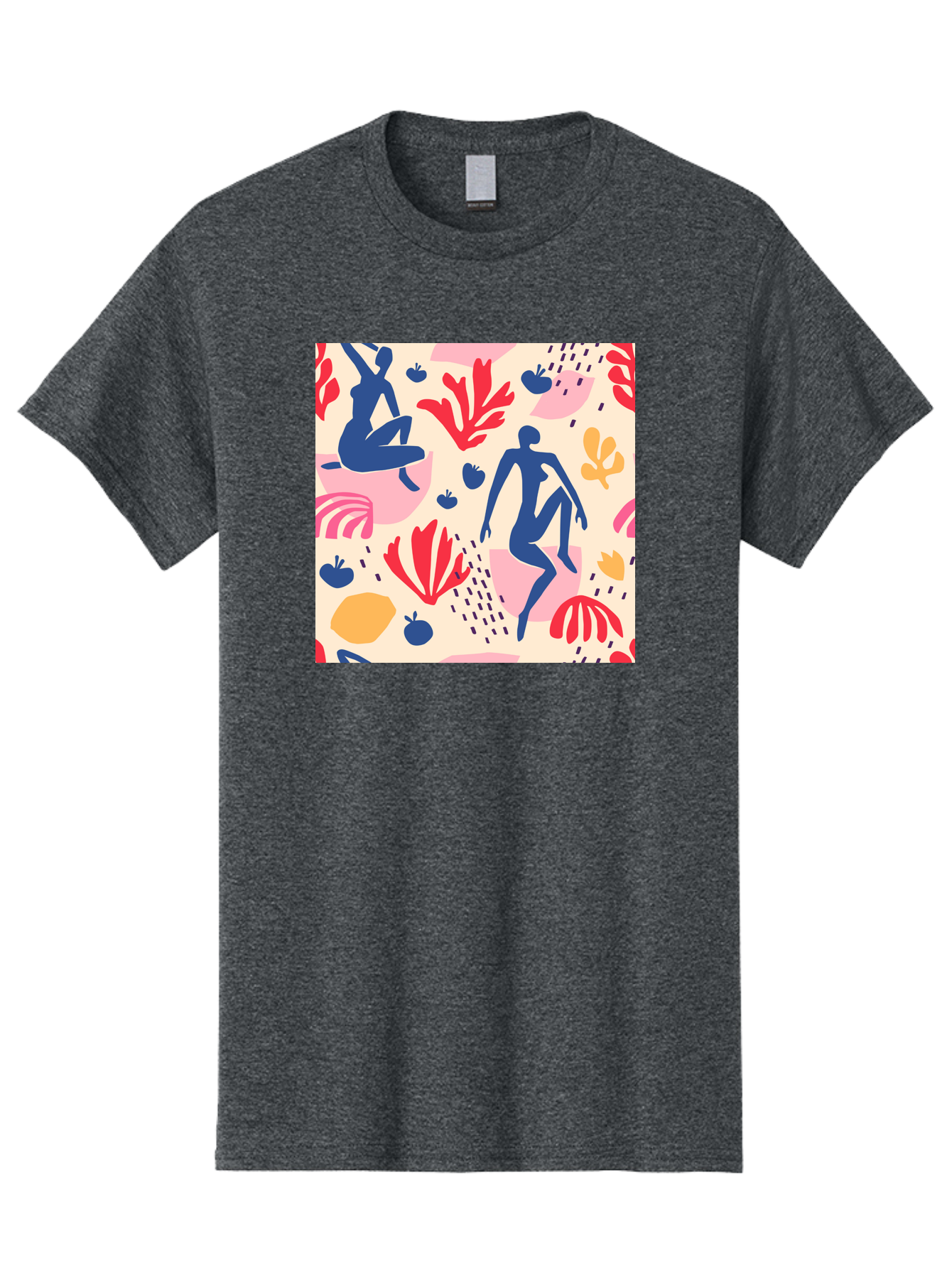 Abstract-Figures Men'S Graphic Tee, 100% Cotton, Comfortable Casual Summer Wear, Machine Washable, Blue Silhouettes Dancing, Abstract Floral Pattern, Vibrant Colors, Dynamic Movement, Playful Atmosphere, Modern Art, Colorful Design, Aab601