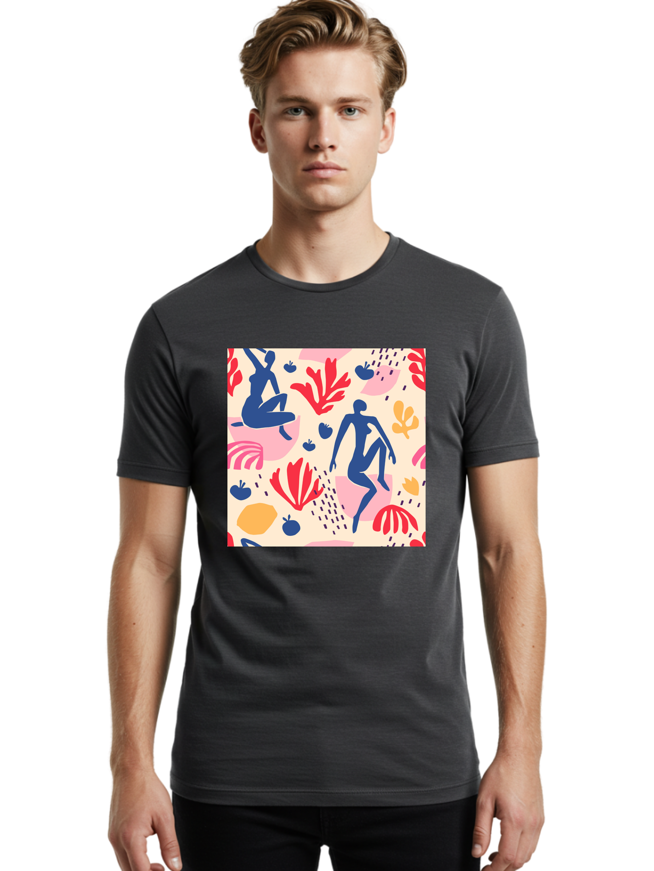 Abstract-Figures Men'S Graphic Tee, 100% Cotton, Comfortable Casual Summer Wear, Machine Washable, Blue Silhouettes Dancing, Abstract Floral Pattern, Vibrant Colors, Dynamic Movement, Playful Atmosphere, Modern Art, Colorful Design, Aab601