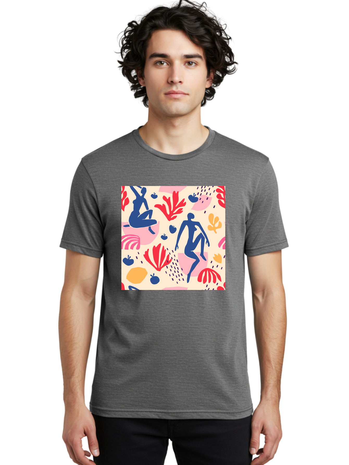 Abstract-Figures Men'S Graphic Tee, 100% Cotton, Comfortable Casual Summer Wear, Machine Washable, Blue Silhouettes Dancing, Abstract Floral Pattern, Vibrant Colors, Dynamic Movement, Playful Atmosphere, Modern Art, Colorful Design, Aab601