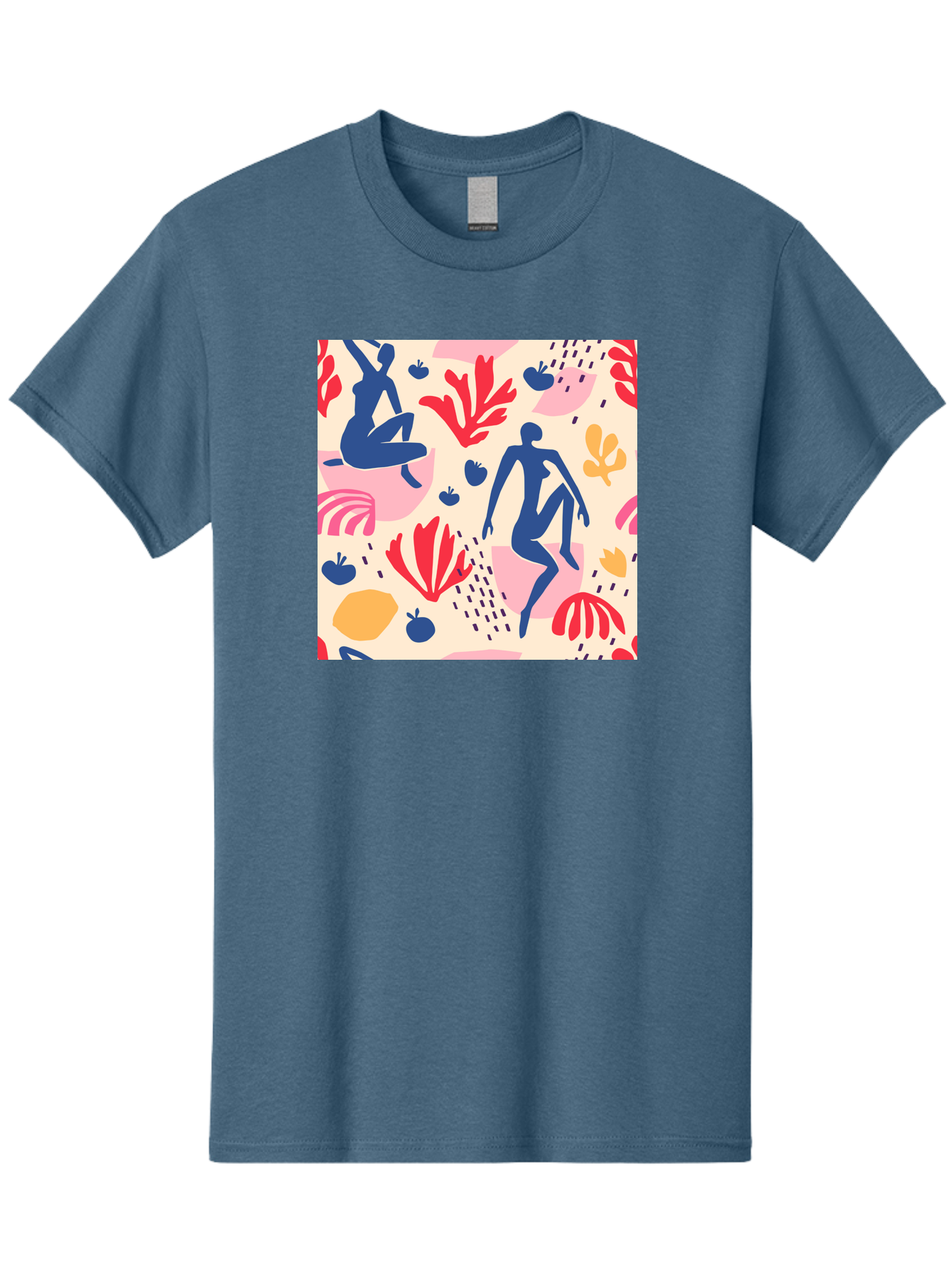 Abstract-Figures Men'S Graphic Tee, 100% Cotton, Comfortable Casual Summer Wear, Machine Washable, Blue Silhouettes Dancing, Abstract Floral Pattern, Vibrant Colors, Dynamic Movement, Playful Atmosphere, Modern Art, Colorful Design, Aab601