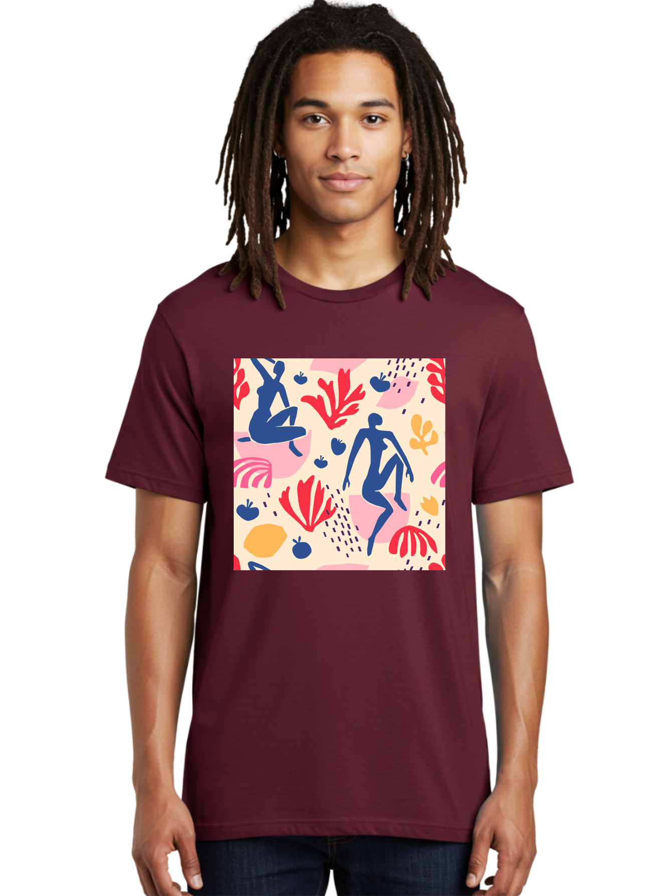 Abstract-Figures Men'S Graphic Tee, 100% Cotton, Comfortable Casual Summer Wear, Machine Washable, Blue Silhouettes Dancing, Abstract Floral Pattern, Vibrant Colors, Dynamic Movement, Playful Atmosphere, Modern Art, Colorful Design, Aab601