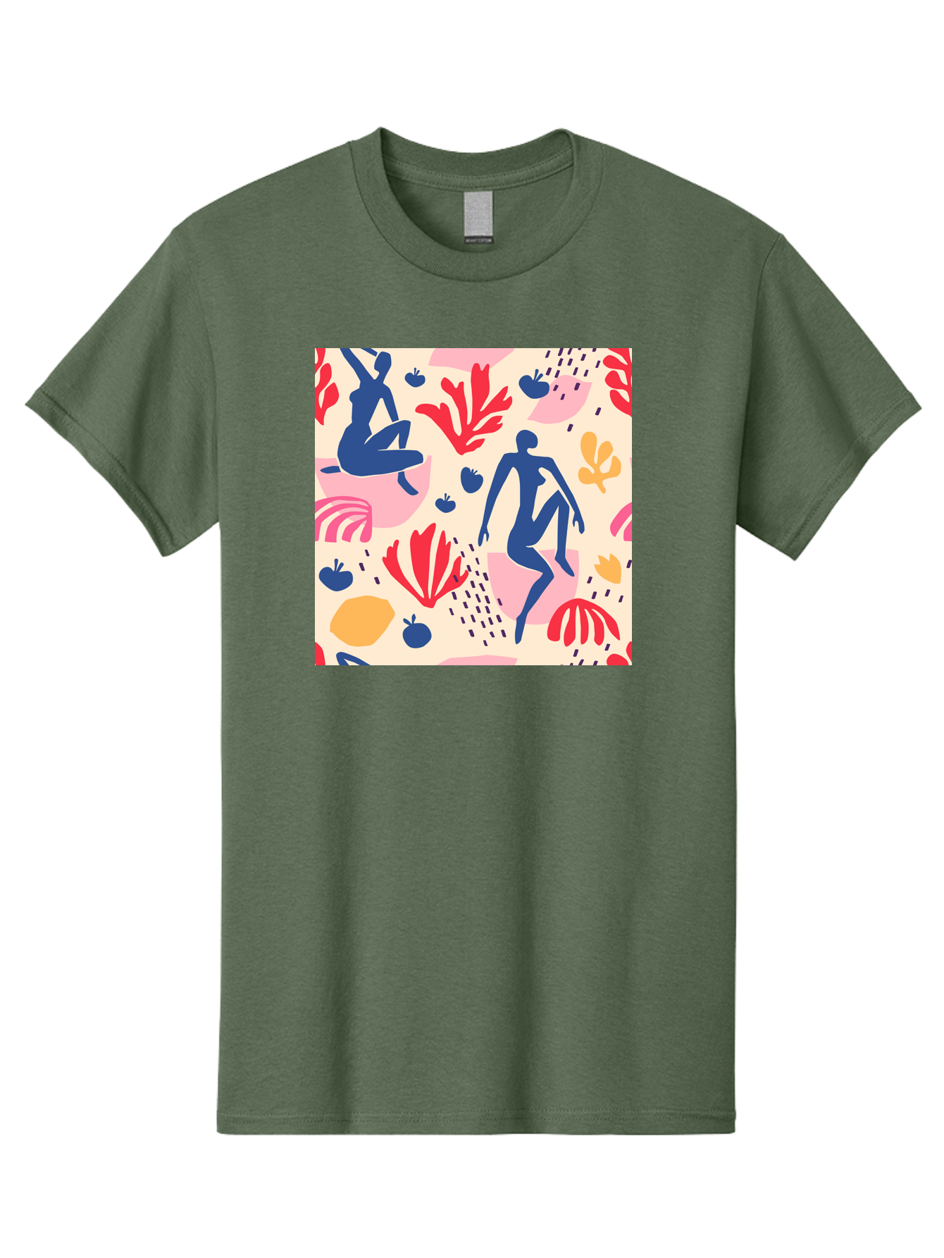 Abstract-Figures Men'S Graphic Tee, 100% Cotton, Comfortable Casual Summer Wear, Machine Washable, Blue Silhouettes Dancing, Abstract Floral Pattern, Vibrant Colors, Dynamic Movement, Playful Atmosphere, Modern Art, Colorful Design, Aab601