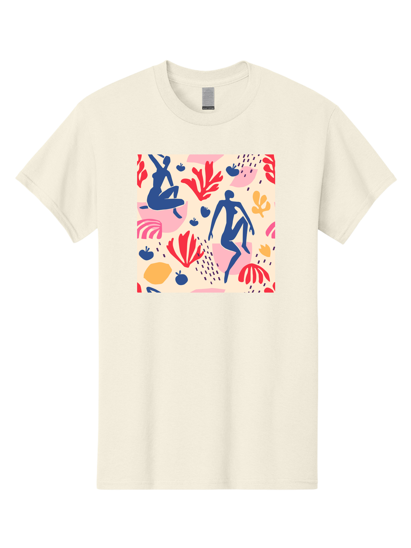 Abstract-Figures Men'S Graphic Tee, 100% Cotton, Comfortable Casual Summer Wear, Machine Washable, Blue Silhouettes Dancing, Abstract Floral Pattern, Vibrant Colors, Dynamic Movement, Playful Atmosphere, Modern Art, Colorful Design, Aab601