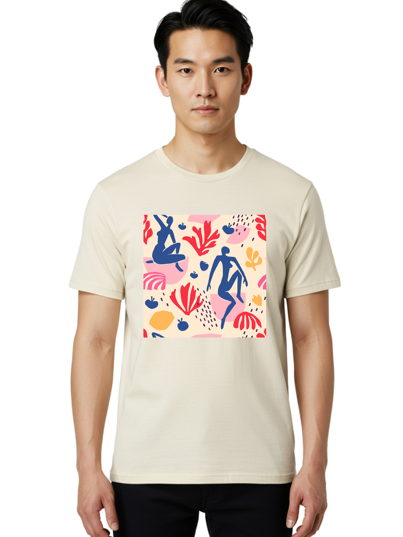 Abstract-Figures Men'S Graphic Tee, 100% Cotton, Comfortable Casual Summer Wear, Machine Washable, Blue Silhouettes Dancing, Abstract Floral Pattern, Vibrant Colors, Dynamic Movement, Playful Atmosphere, Modern Art, Colorful Design, Aab601
