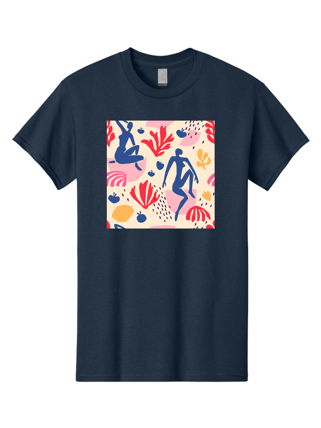 Abstract-Figures Men'S Graphic Tee, 100% Cotton, Comfortable Casual Summer Wear, Machine Washable, Blue Silhouettes Dancing, Abstract Floral Pattern, Vibrant Colors, Dynamic Movement, Playful Atmosphere, Modern Art, Colorful Design, Aab601