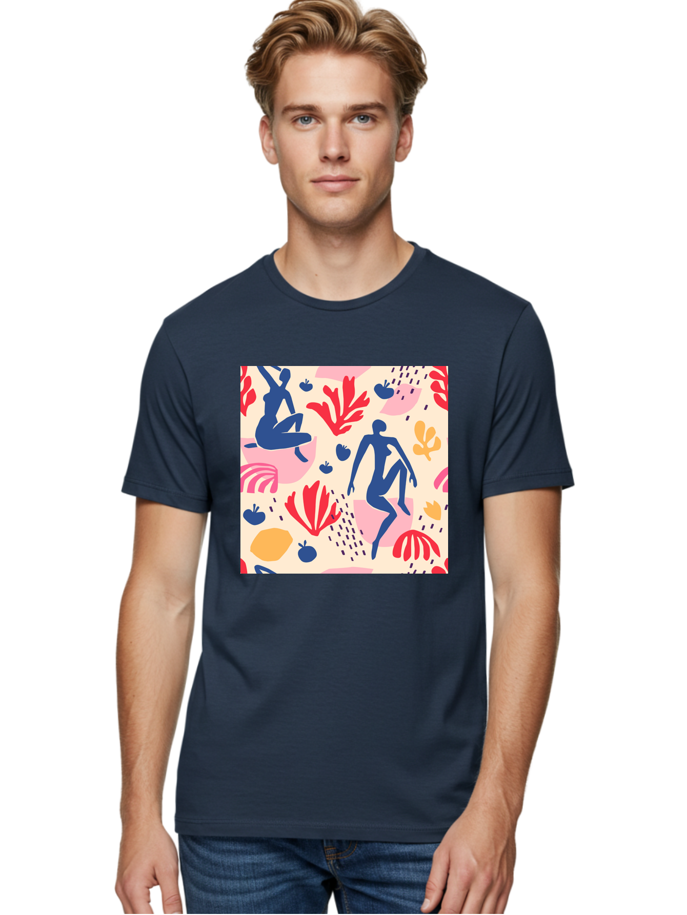 Abstract-Figures Men'S Graphic Tee, 100% Cotton, Comfortable Casual Summer Wear, Machine Washable, Blue Silhouettes Dancing, Abstract Floral Pattern, Vibrant Colors, Dynamic Movement, Playful Atmosphere, Modern Art, Colorful Design, Aab601