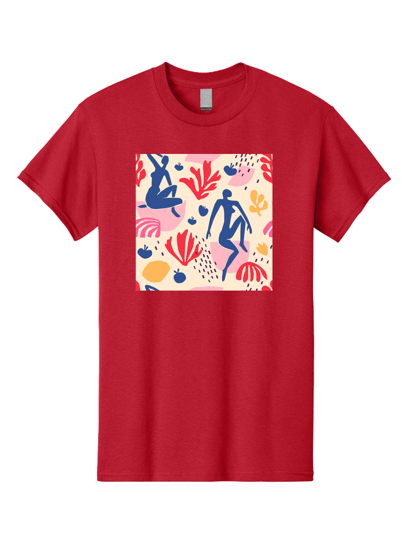 Abstract-Figures Men'S Graphic Tee, 100% Cotton, Comfortable Casual Summer Wear, Machine Washable, Blue Silhouettes Dancing, Abstract Floral Pattern, Vibrant Colors, Dynamic Movement, Playful Atmosphere, Modern Art, Colorful Design, Aab601