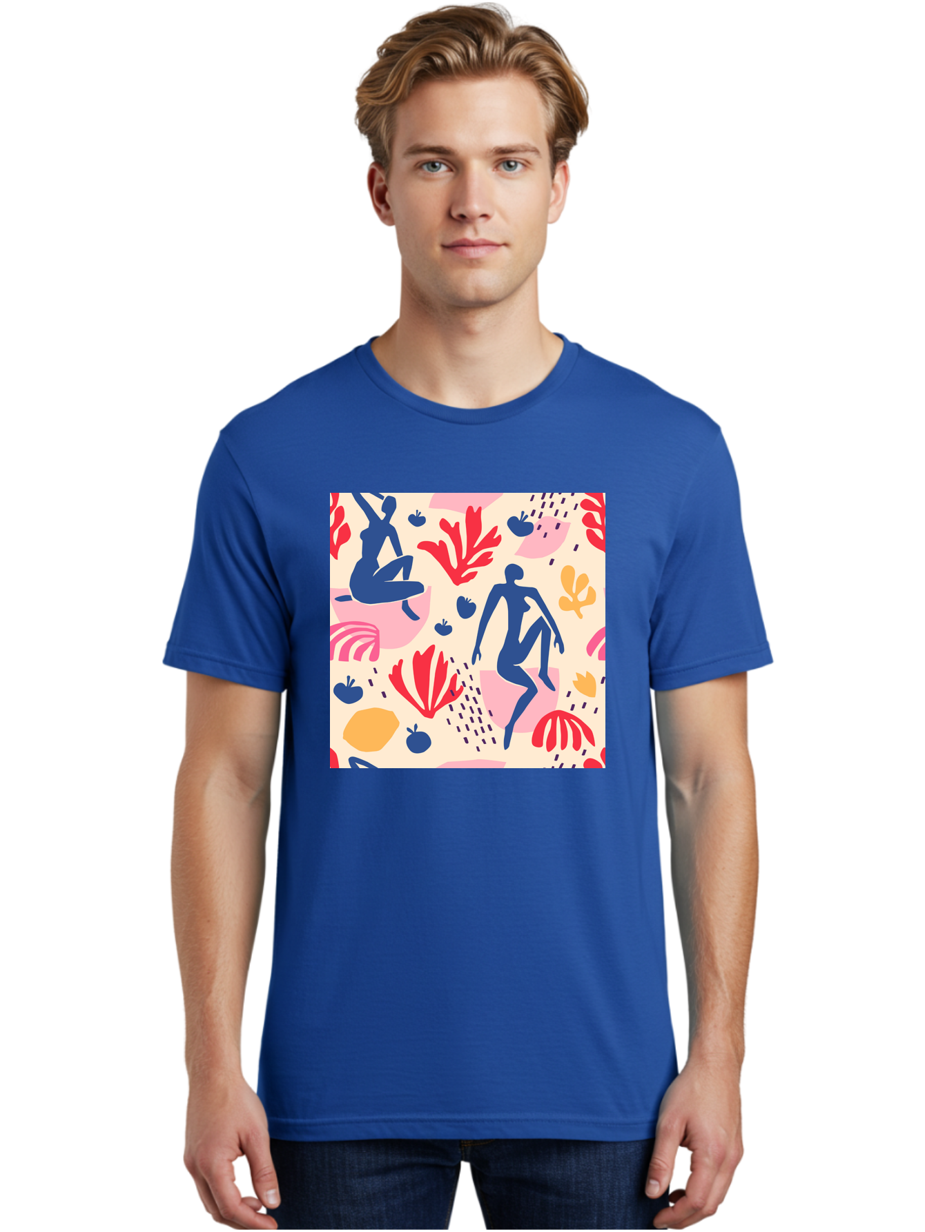Abstract-Figures Men'S Graphic Tee, 100% Cotton, Comfortable Casual Summer Wear, Machine Washable, Blue Silhouettes Dancing, Abstract Floral Pattern, Vibrant Colors, Dynamic Movement, Playful Atmosphere, Modern Art, Colorful Design, Aab601