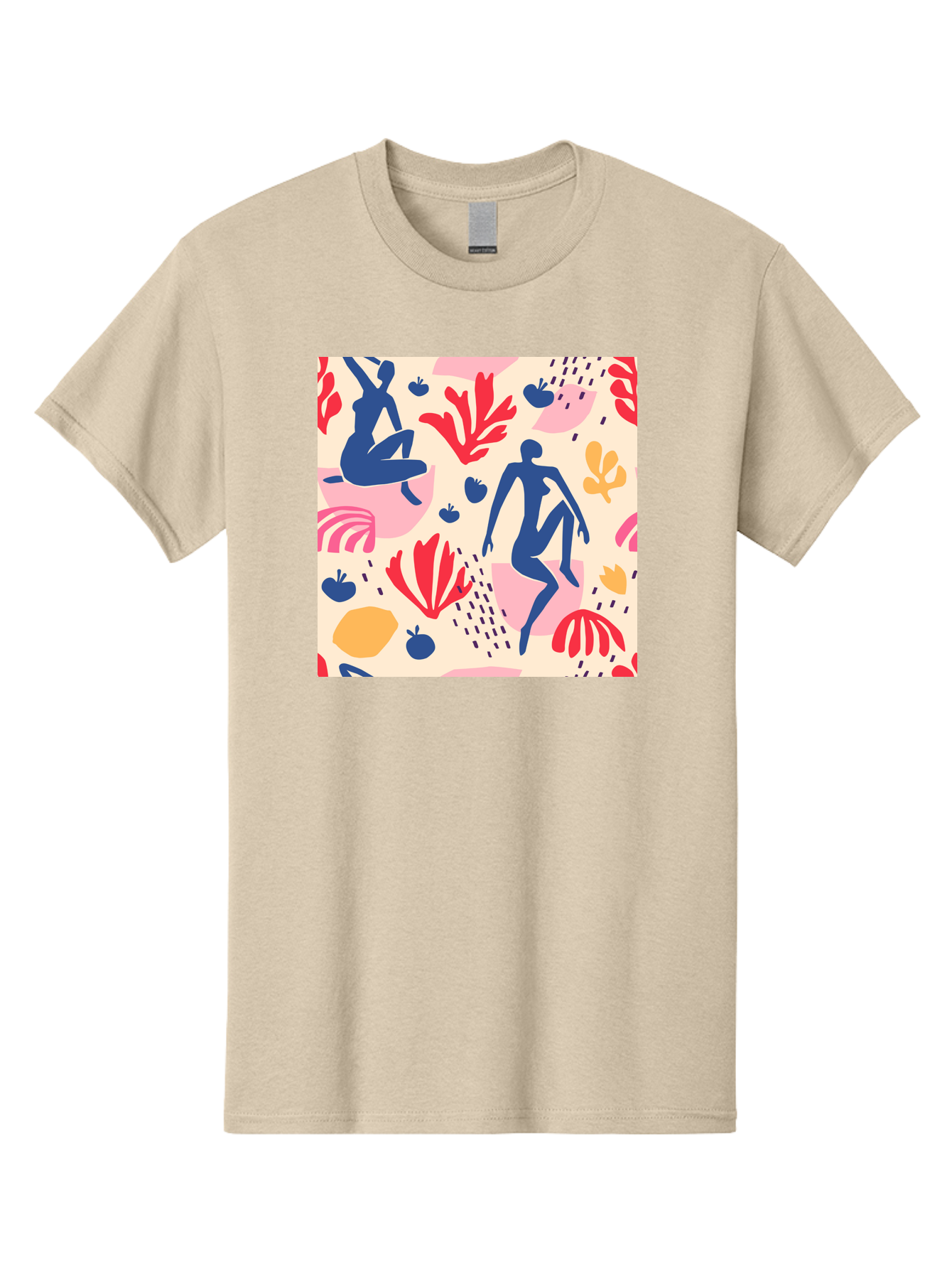 Abstract-Figures Men'S Graphic Tee, 100% Cotton, Comfortable Casual Summer Wear, Machine Washable, Blue Silhouettes Dancing, Abstract Floral Pattern, Vibrant Colors, Dynamic Movement, Playful Atmosphere, Modern Art, Colorful Design, Aab601