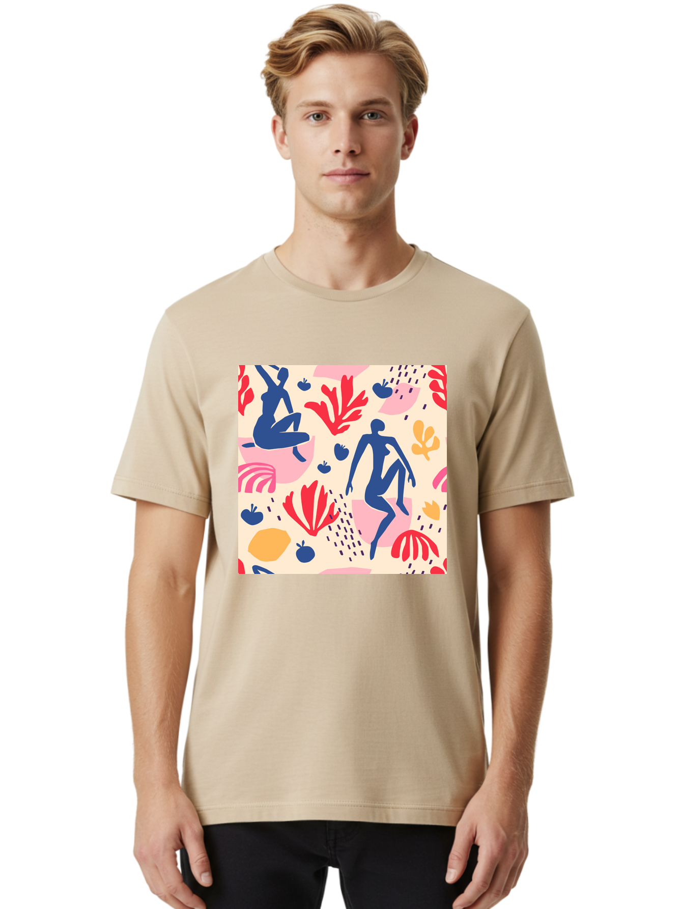 Abstract-Figures Men'S Graphic Tee, 100% Cotton, Comfortable Casual Summer Wear, Machine Washable, Blue Silhouettes Dancing, Abstract Floral Pattern, Vibrant Colors, Dynamic Movement, Playful Atmosphere, Modern Art, Colorful Design, Aab601
