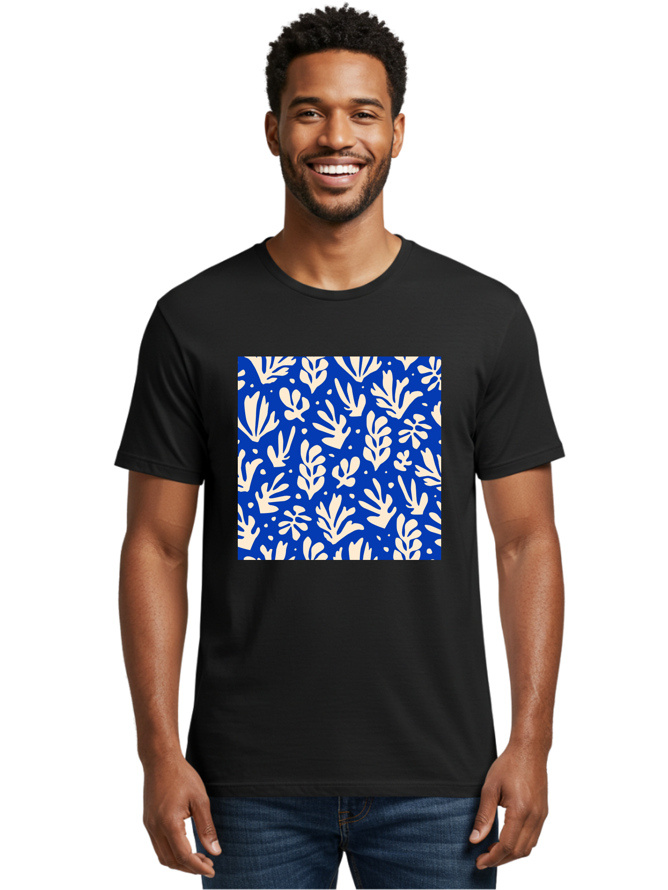 Blue-Floral-Pattern Men'S Graphic Tee, 100% Cotton, Comfortable Casual Summer Wear, Machine Washable, Floral Pattern, Leaf Design, Botanical Elements, Blue Background, Cream-Colored Flowers, Abstract Foliage, Repeating Design, Aab605