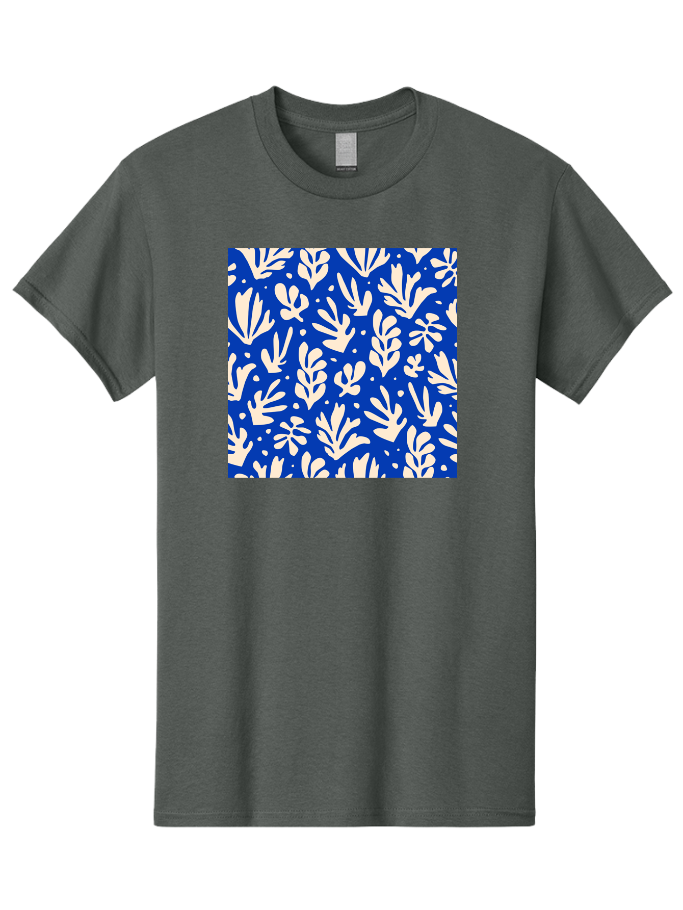 Blue-Floral-Pattern Men'S Graphic Tee, 100% Cotton, Comfortable Casual Summer Wear, Machine Washable, Floral Pattern, Leaf Design, Botanical Elements, Blue Background, Cream-Colored Flowers, Abstract Foliage, Repeating Design, Aab605