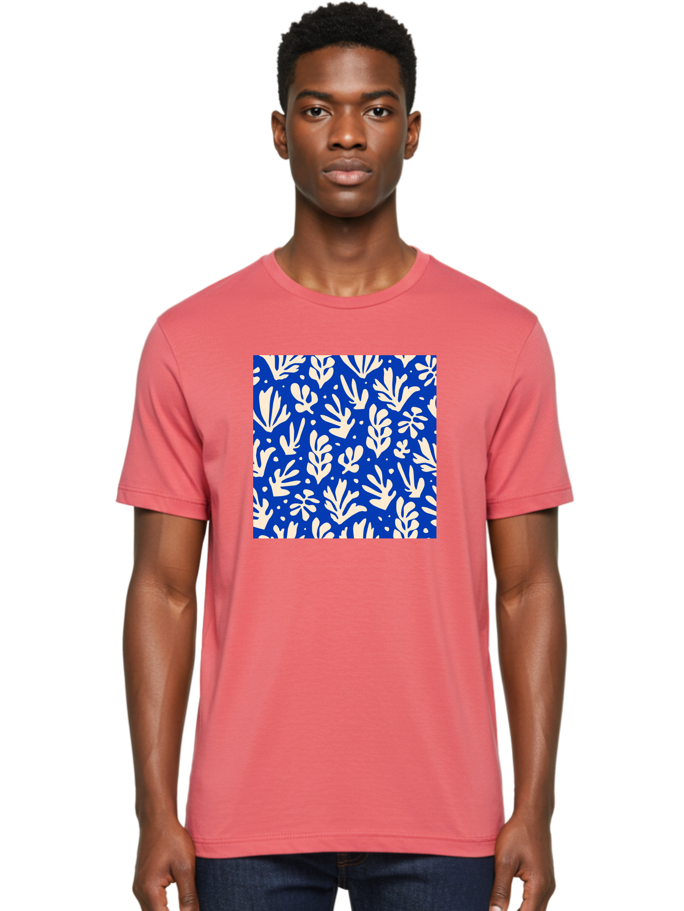 Blue-Floral-Pattern Men'S Graphic Tee, 100% Cotton, Comfortable Casual Summer Wear, Machine Washable, Floral Pattern, Leaf Design, Botanical Elements, Blue Background, Cream-Colored Flowers, Abstract Foliage, Repeating Design, Aab605