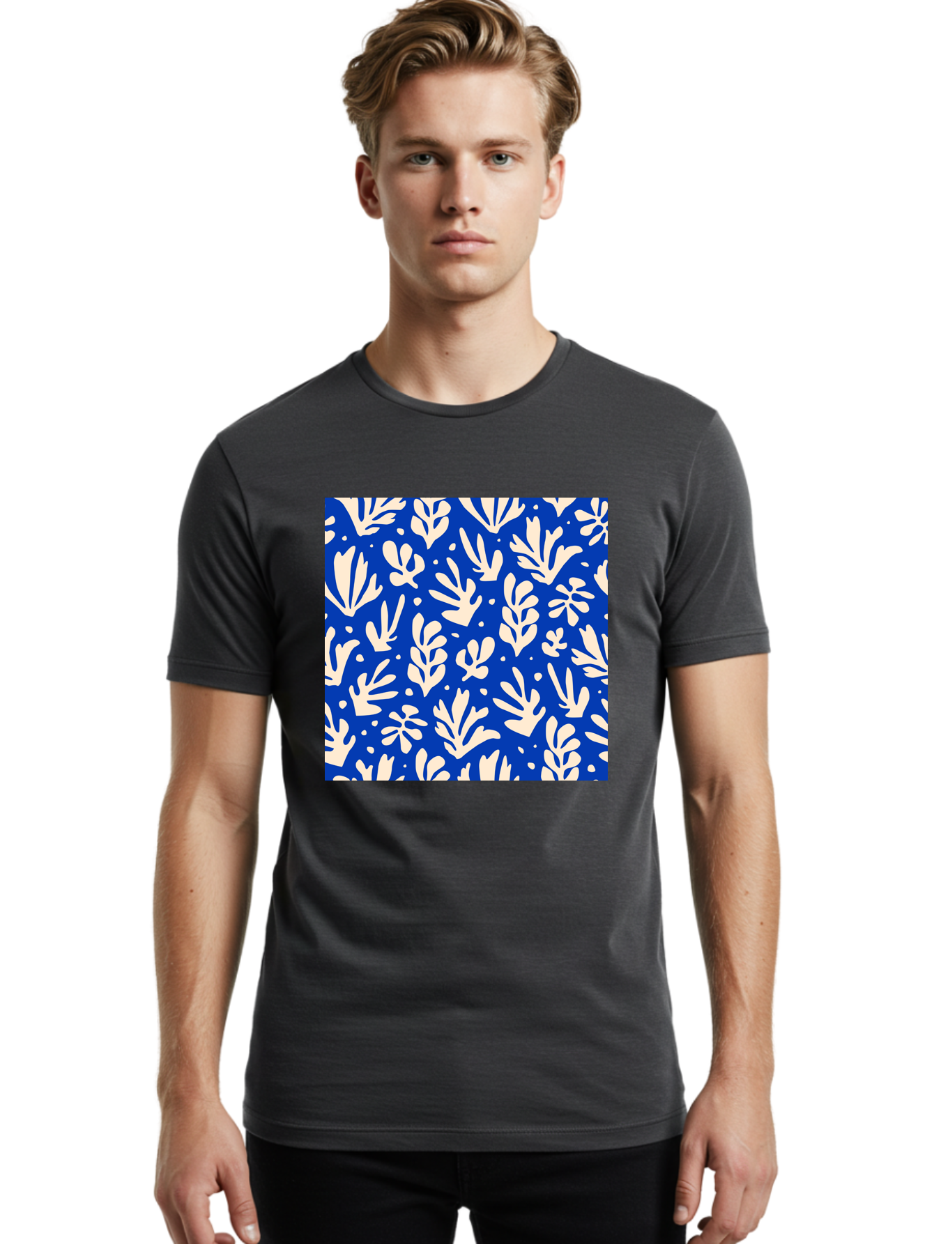 Blue-Floral-Pattern Men'S Graphic Tee, 100% Cotton, Comfortable Casual Summer Wear, Machine Washable, Floral Pattern, Leaf Design, Botanical Elements, Blue Background, Cream-Colored Flowers, Abstract Foliage, Repeating Design, Aab605