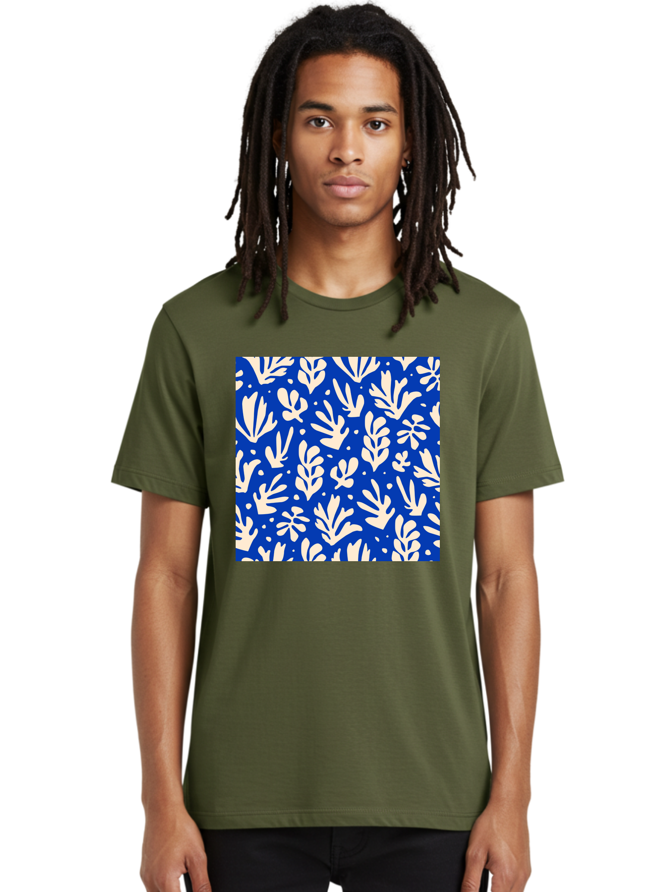 Blue-Floral-Pattern Men'S Graphic Tee, 100% Cotton, Comfortable Casual Summer Wear, Machine Washable, Floral Pattern, Leaf Design, Botanical Elements, Blue Background, Cream-Colored Flowers, Abstract Foliage, Repeating Design, Aab605