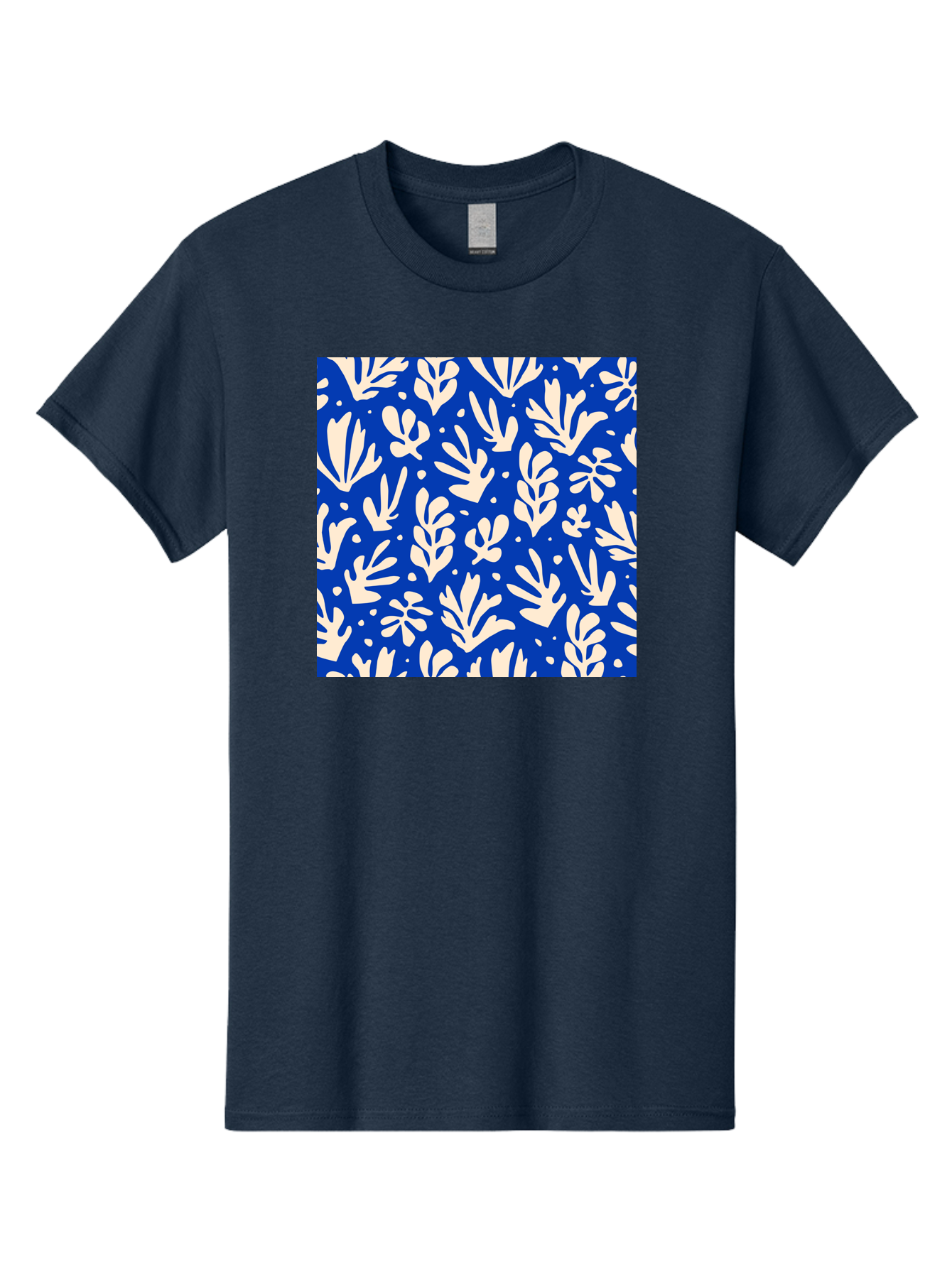 Blue-Floral-Pattern Men'S Graphic Tee, 100% Cotton, Comfortable Casual Summer Wear, Machine Washable, Floral Pattern, Leaf Design, Botanical Elements, Blue Background, Cream-Colored Flowers, Abstract Foliage, Repeating Design, Aab605