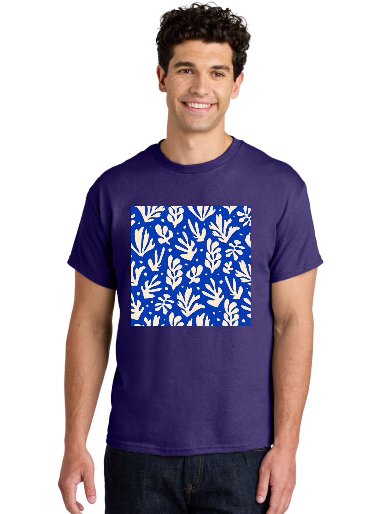 Blue-Floral-Pattern Men'S Graphic Tee, 100% Cotton, Comfortable Casual Summer Wear, Machine Washable, Floral Pattern, Leaf Design, Botanical Elements, Blue Background, Cream-Colored Flowers, Abstract Foliage, Repeating Design, Aab605