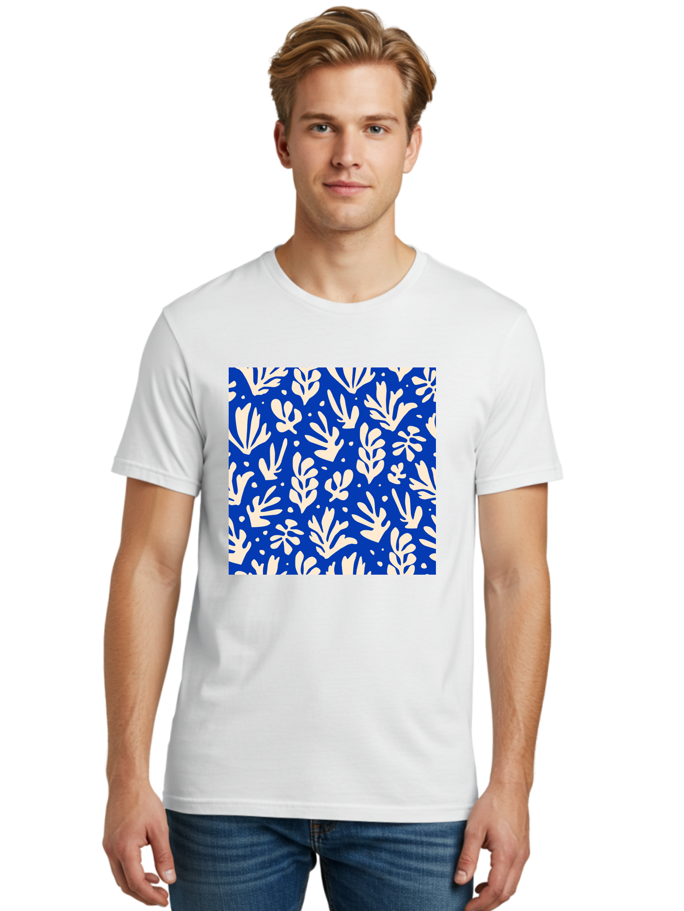 Blue-Floral-Pattern Men'S Graphic Tee, 100% Cotton, Comfortable Casual Summer Wear, Machine Washable, Floral Pattern, Leaf Design, Botanical Elements, Blue Background, Cream-Colored Flowers, Abstract Foliage, Repeating Design, Aab605