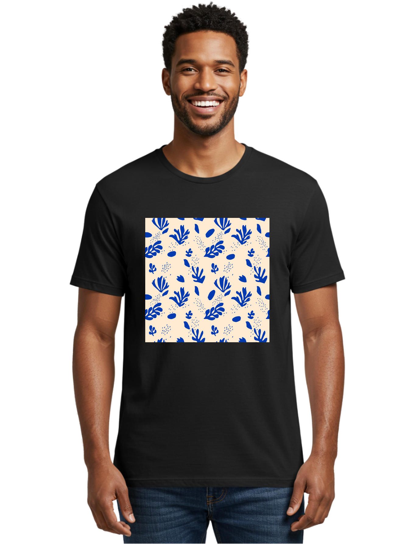 Blue-Florals Men'S Graphic Tee, 100% Cotton, Comfortable Casual Summer Wear, Machine Washable, Blue Flowers, Floral Pattern, Abstract Design, Minimalist Style, Botanical Elements, Decorative Motifs, Cream Background, Hand Drawn, Aab606