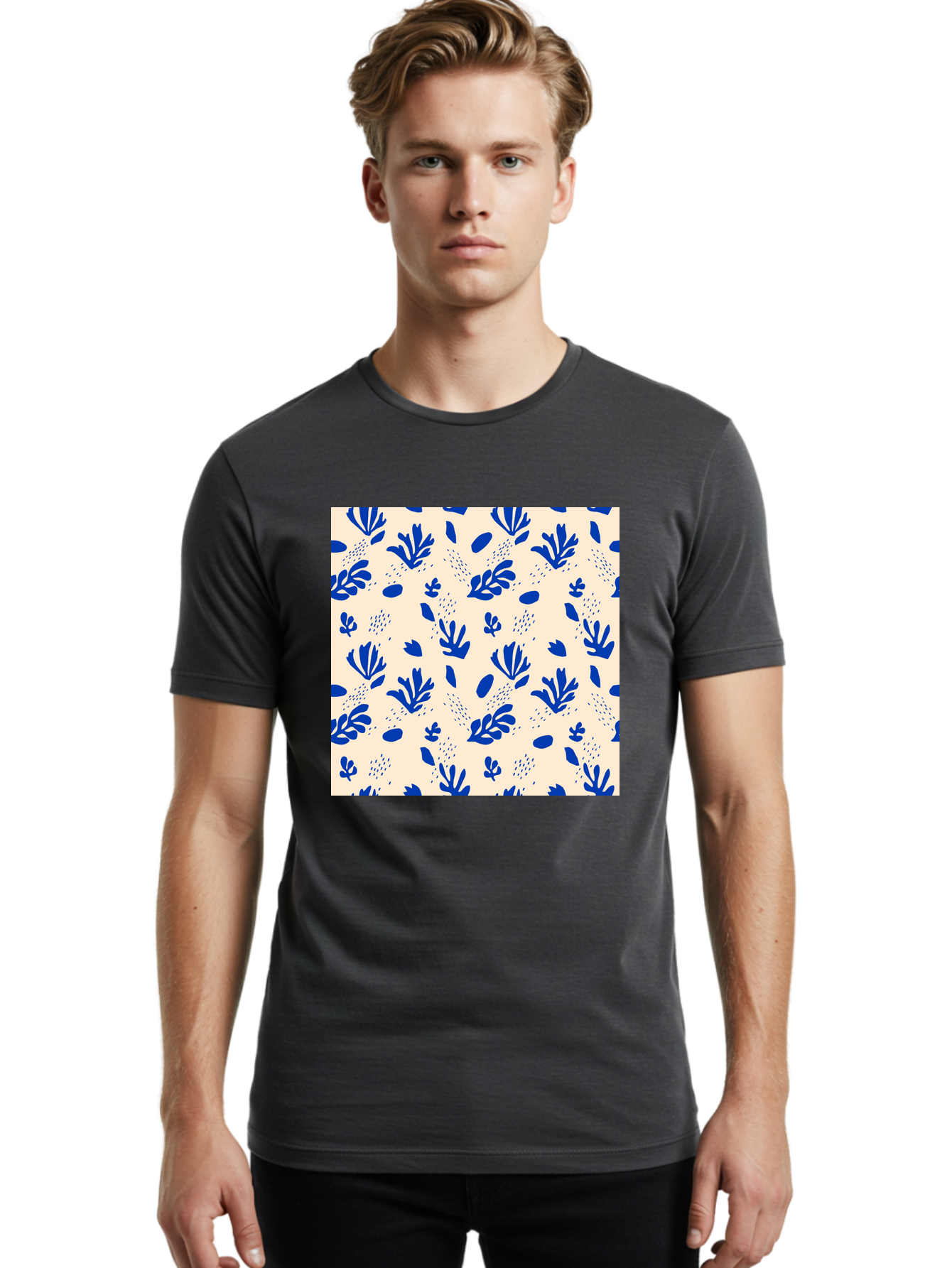 Blue-Florals Men'S Graphic Tee, 100% Cotton, Comfortable Casual Summer Wear, Machine Washable, Blue Flowers, Floral Pattern, Abstract Design, Minimalist Style, Botanical Elements, Decorative Motifs, Cream Background, Hand Drawn, Aab606