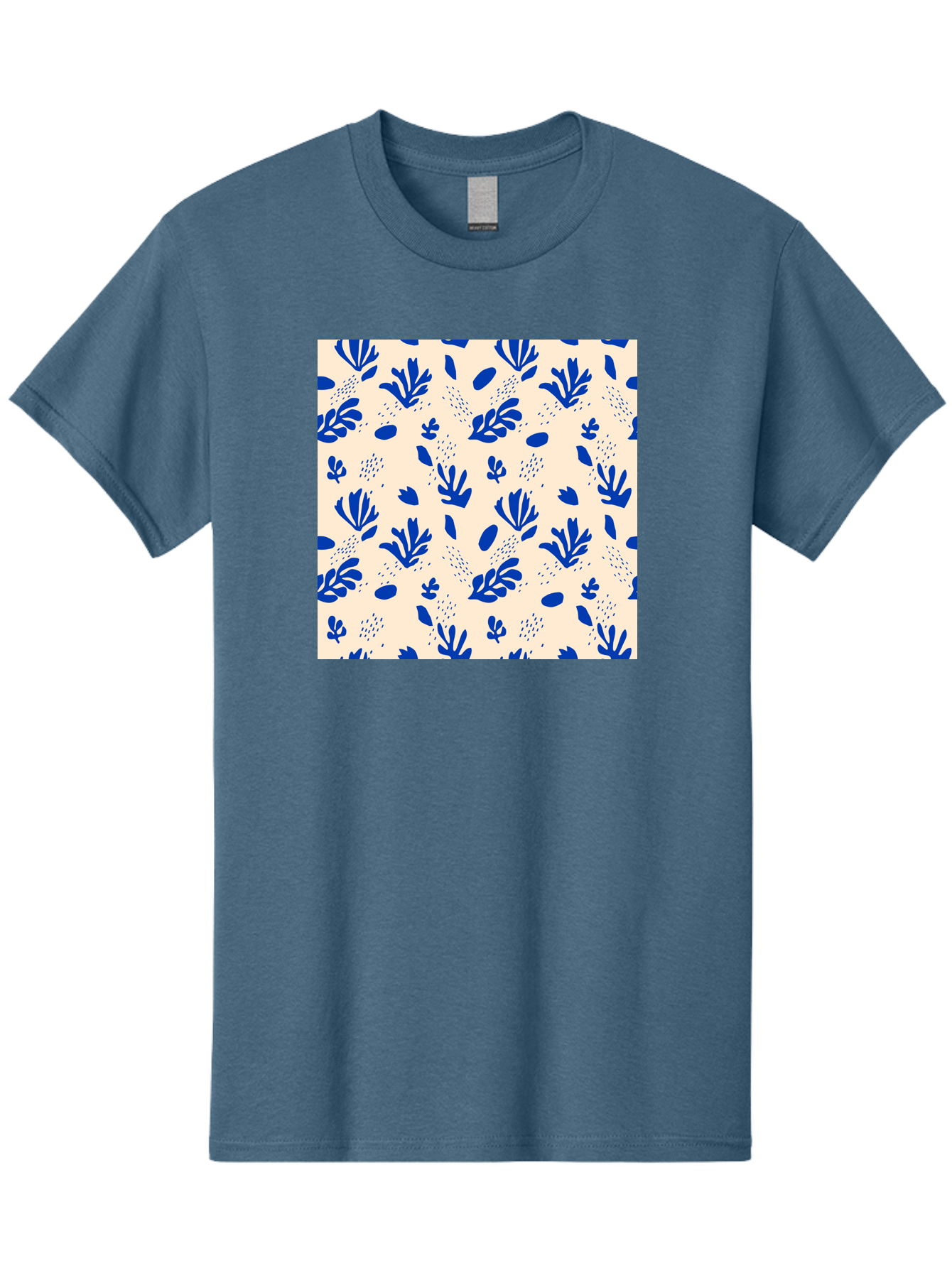 Blue-Florals Men'S Graphic Tee, 100% Cotton, Comfortable Casual Summer Wear, Machine Washable, Blue Flowers, Floral Pattern, Abstract Design, Minimalist Style, Botanical Elements, Decorative Motifs, Cream Background, Hand Drawn, Aab606