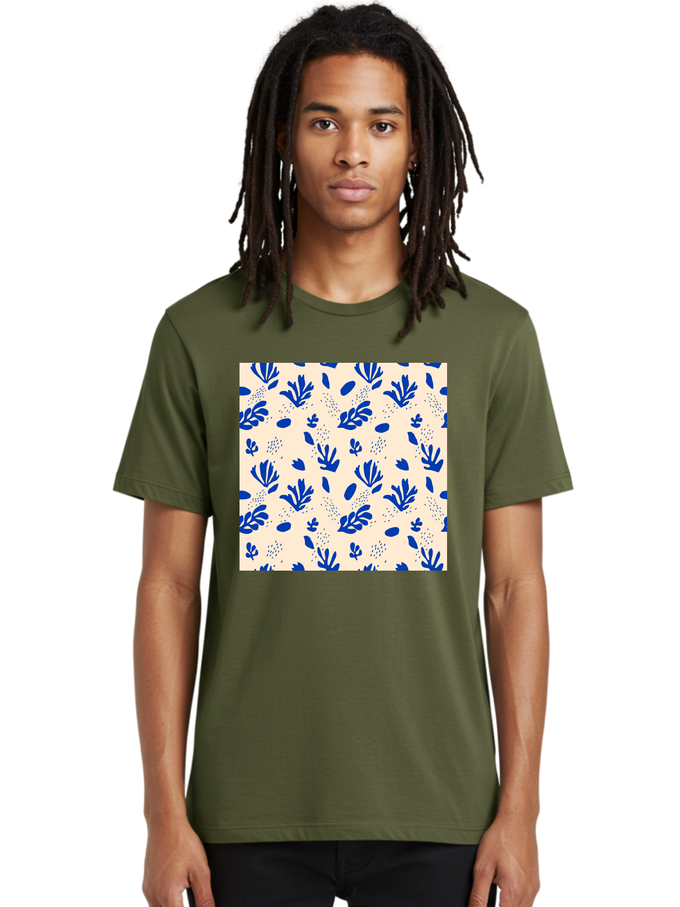 Blue-Florals Men'S Graphic Tee, 100% Cotton, Comfortable Casual Summer Wear, Machine Washable, Blue Flowers, Floral Pattern, Abstract Design, Minimalist Style, Botanical Elements, Decorative Motifs, Cream Background, Hand Drawn, Aab606