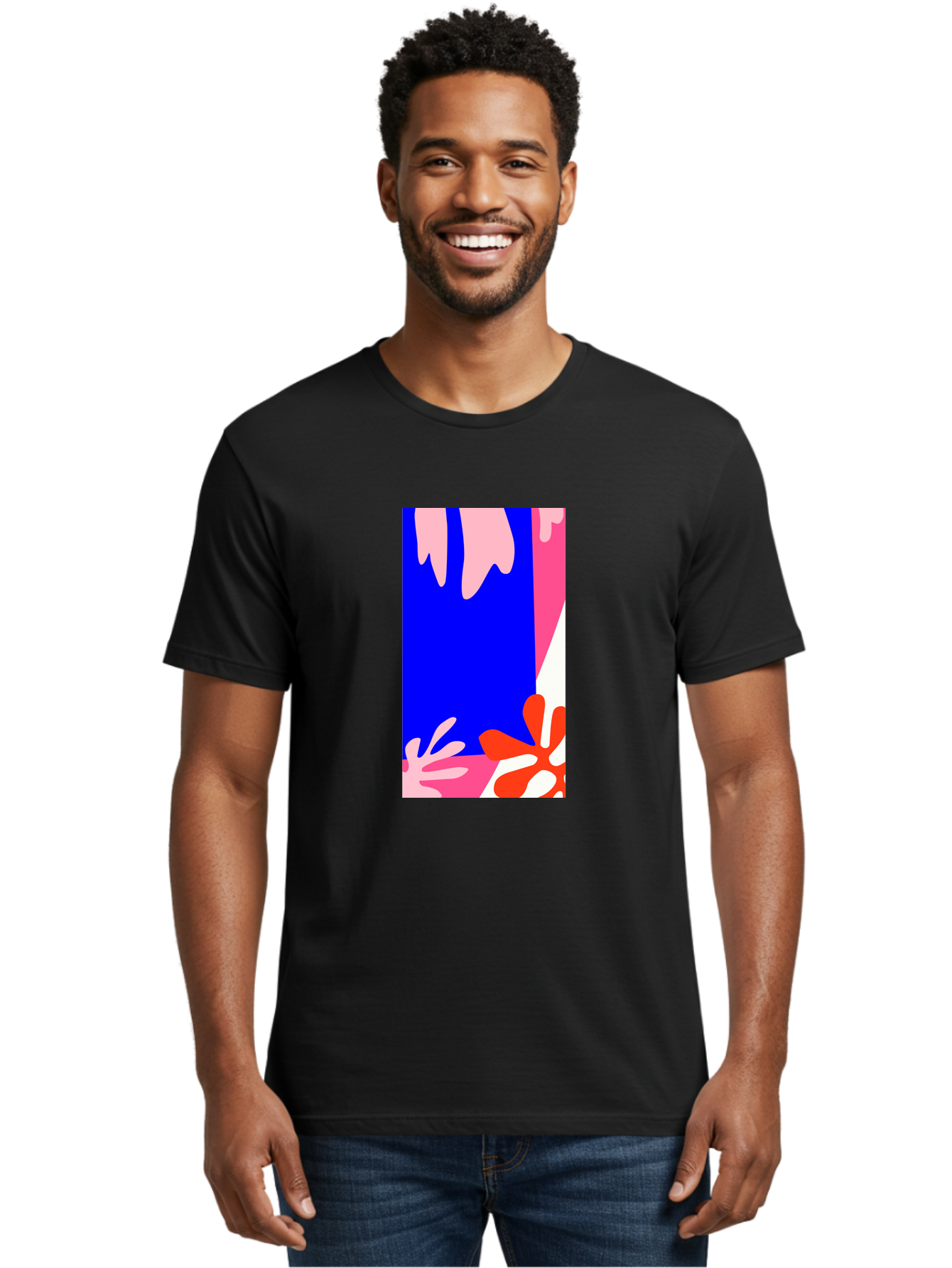 Blue-Strip Men'S Graphic Tee, 100% Cotton, Comfortable Casual Summer Wear, Machine Washable, Abstract Floral Pattern, Vibrant Colors, Blue Background, Pink And Red Flowers, Artistic Design, Modern Art, Colorful Illustration, Floral Motif Aab607