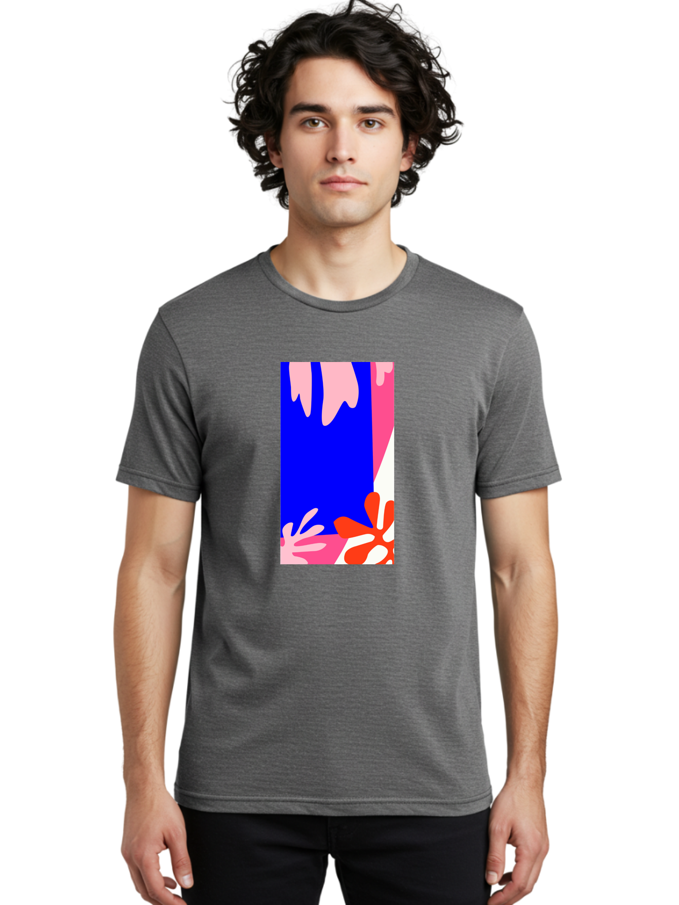 Blue-Strip Men'S Graphic Tee, 100% Cotton, Comfortable Casual Summer Wear, Machine Washable, Abstract Floral Pattern, Vibrant Colors, Blue Background, Pink And Red Flowers, Artistic Design, Modern Art, Colorful Illustration, Floral Motif Aab607