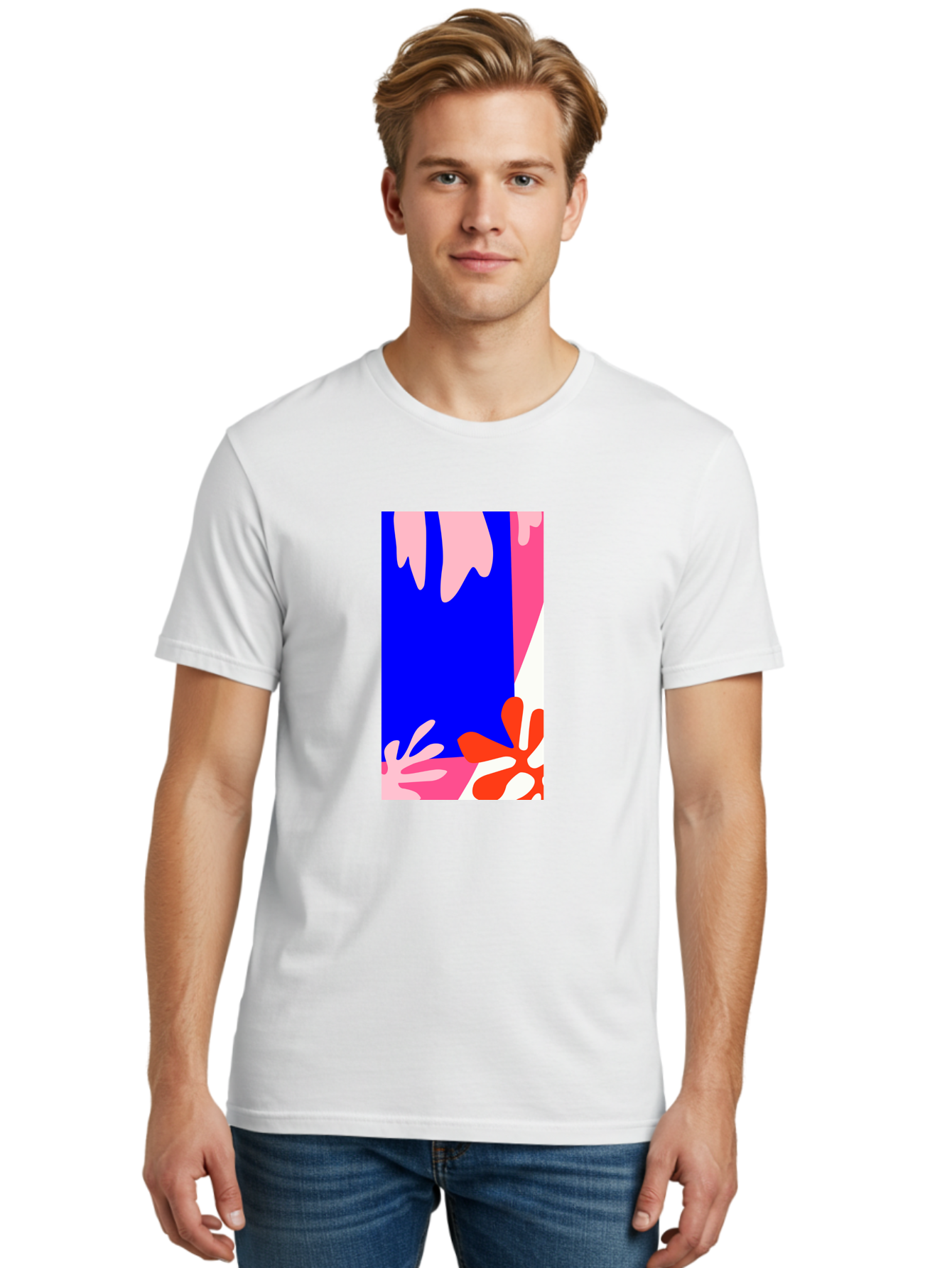 Blue-Strip Men'S Graphic Tee, 100% Cotton, Comfortable Casual Summer Wear, Machine Washable, Abstract Floral Pattern, Vibrant Colors, Blue Background, Pink And Red Flowers, Artistic Design, Modern Art, Colorful Illustration, Floral Motif Aab607