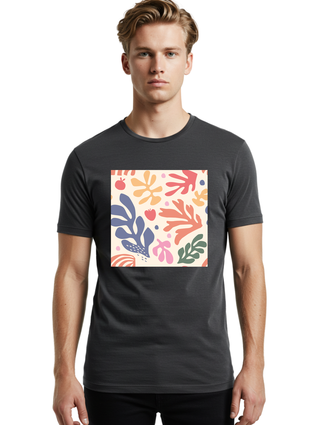 Colorful-Floral-Pattern Men'S Graphic Tee, 100% Cotton, Comfortable Casual Summer Wear, Machine Washable, Colorful Floral Pattern, Abstract Flowers, Vibrant Colors, Playful Design, Whimsical Elements, Artistic Illustration, Red Apple, Aab608