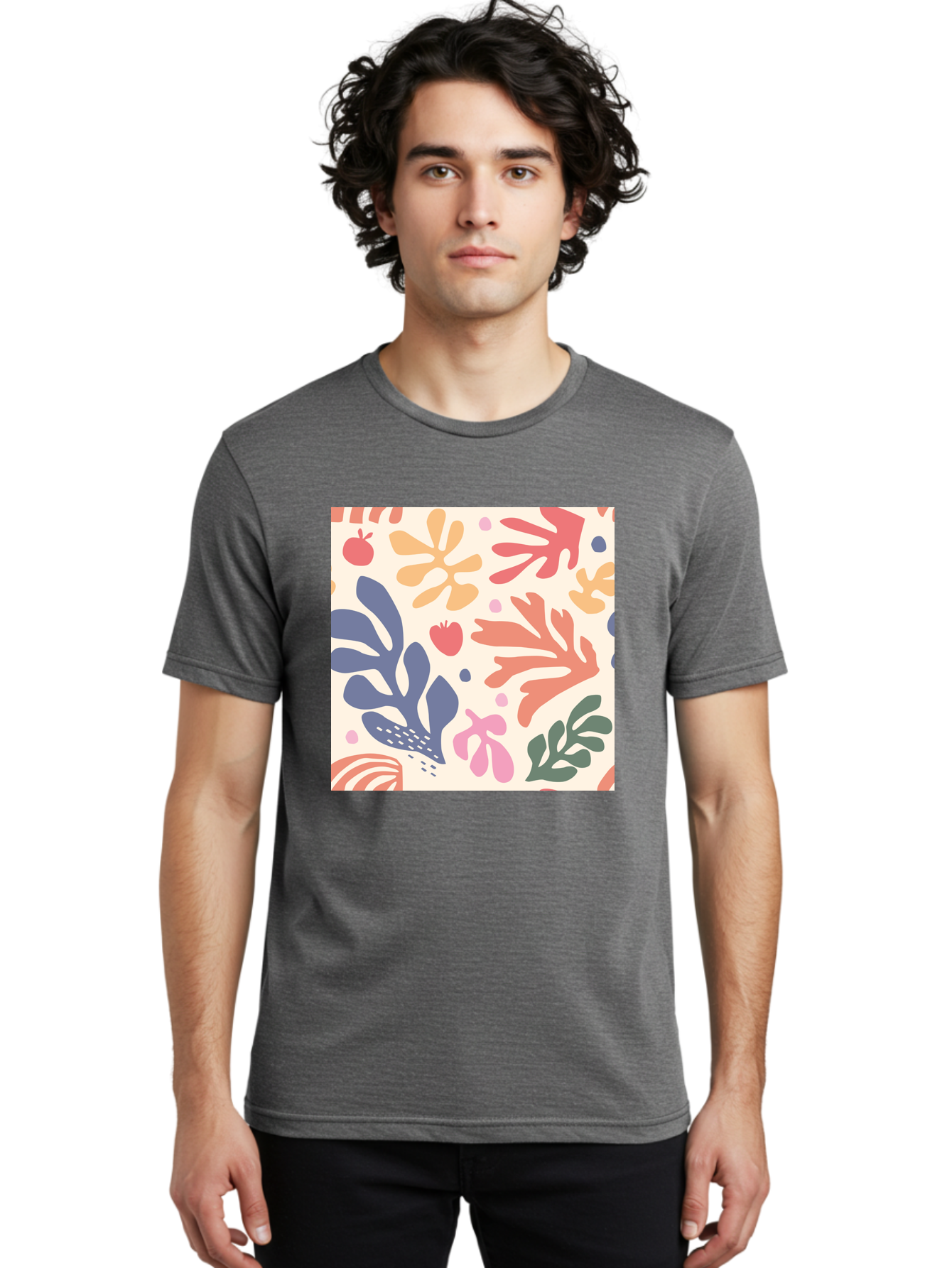 Colorful-Floral-Pattern Men'S Graphic Tee, 100% Cotton, Comfortable Casual Summer Wear, Machine Washable, Colorful Floral Pattern, Abstract Flowers, Vibrant Colors, Playful Design, Whimsical Elements, Artistic Illustration, Red Apple, Aab608