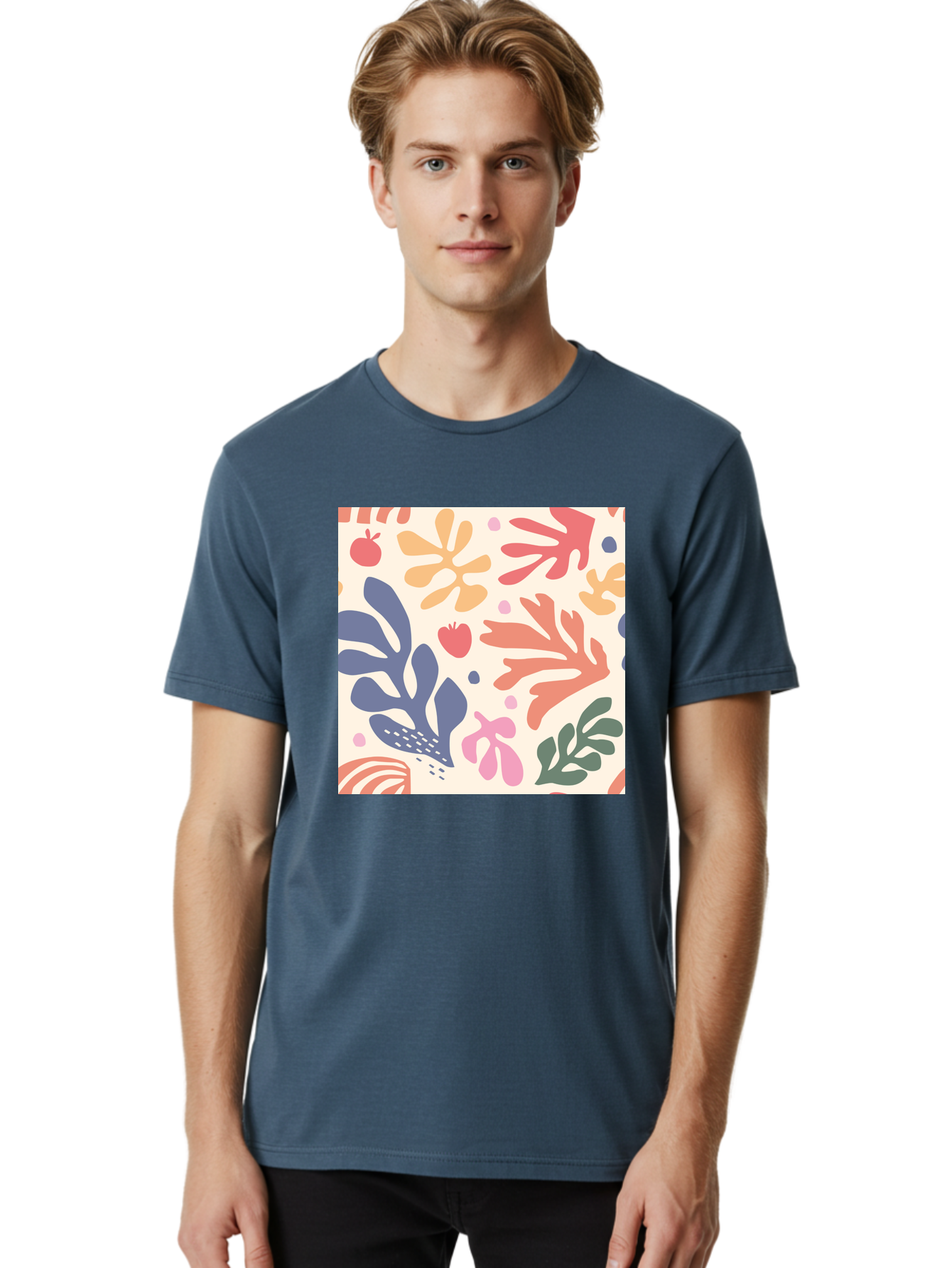 Colorful-Floral-Pattern Men'S Graphic Tee, 100% Cotton, Comfortable Casual Summer Wear, Machine Washable, Colorful Floral Pattern, Abstract Flowers, Vibrant Colors, Playful Design, Whimsical Elements, Artistic Illustration, Red Apple, Aab608