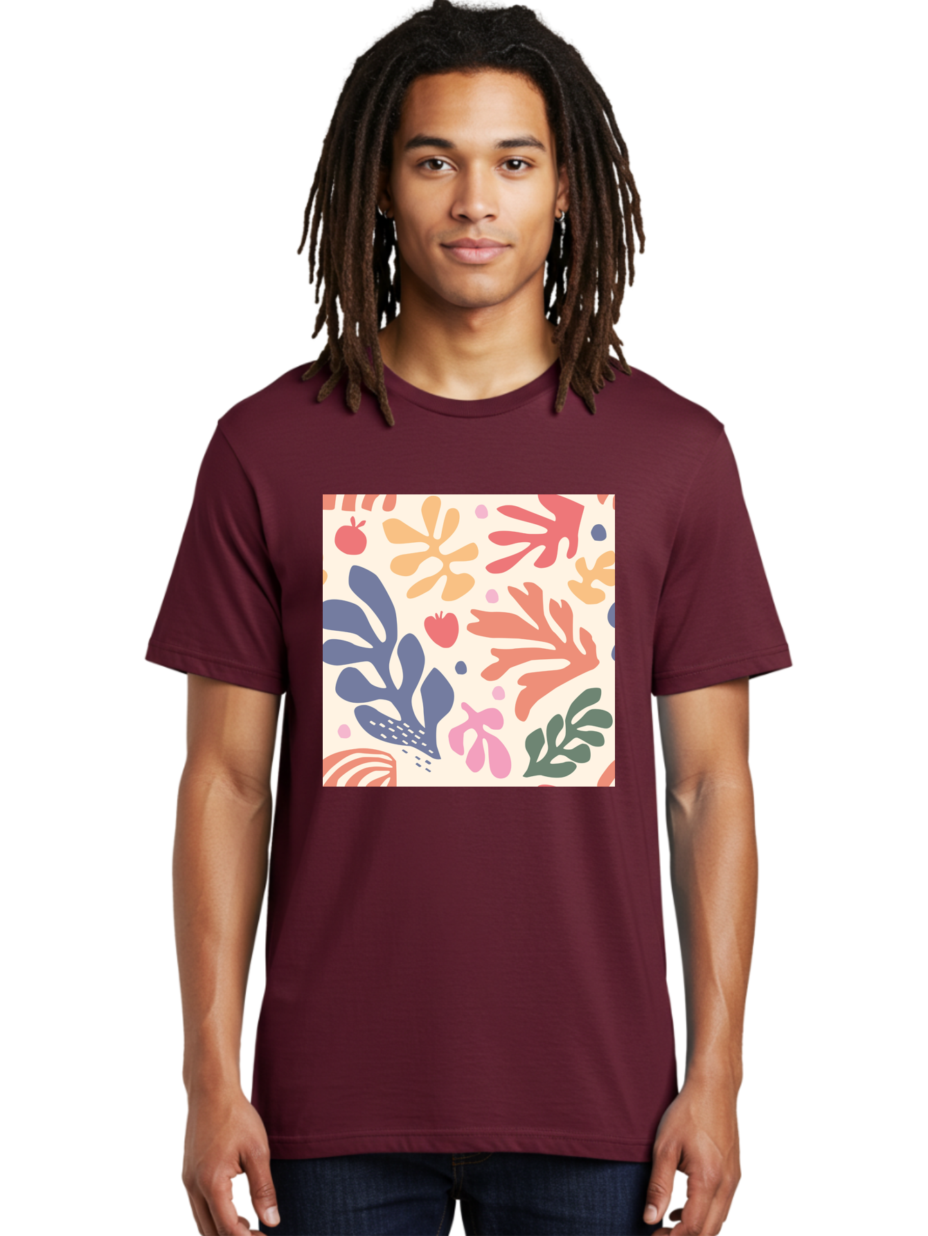 Colorful-Floral-Pattern Men'S Graphic Tee, 100% Cotton, Comfortable Casual Summer Wear, Machine Washable, Colorful Floral Pattern, Abstract Flowers, Vibrant Colors, Playful Design, Whimsical Elements, Artistic Illustration, Red Apple, Aab608