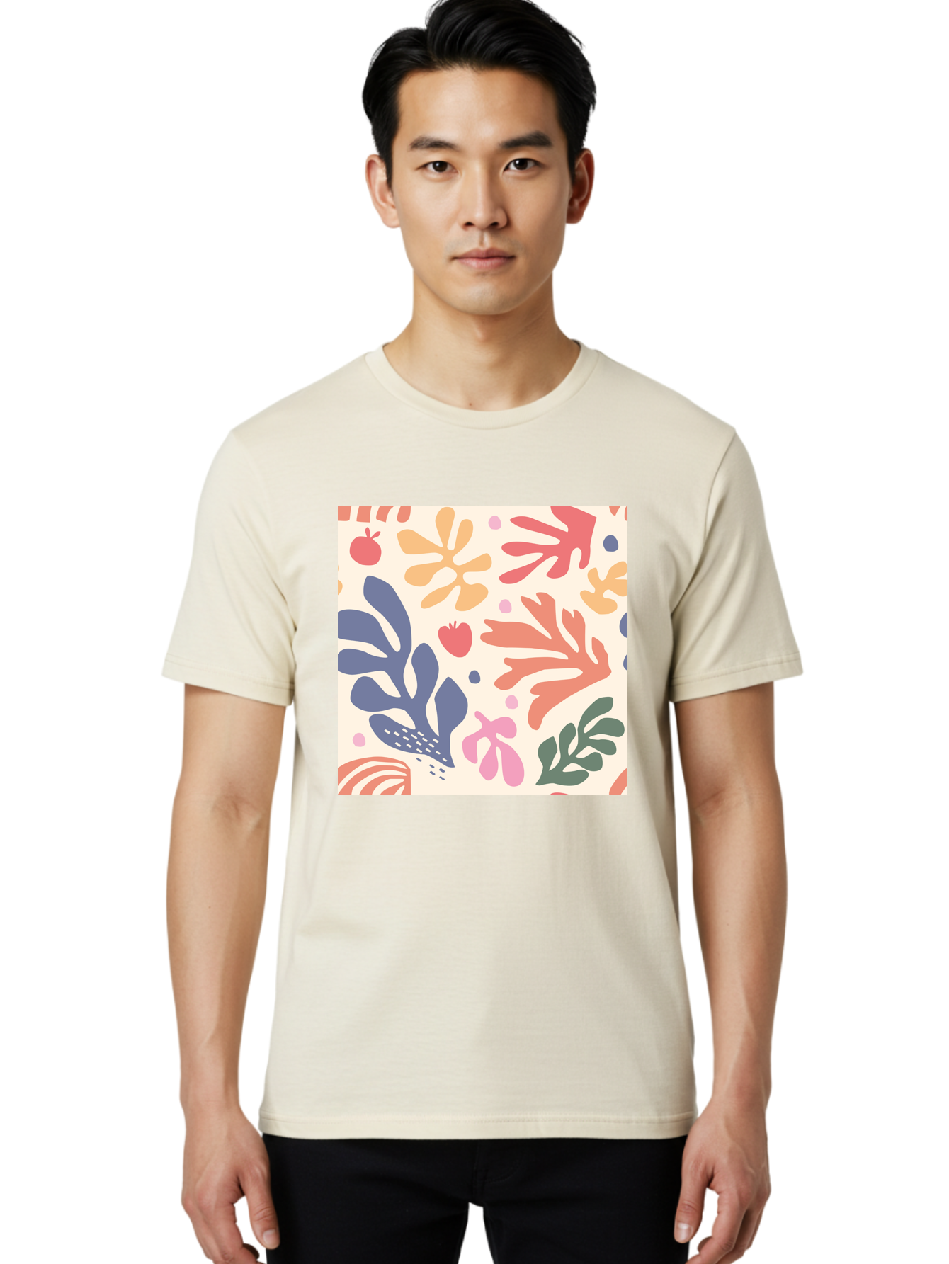 Colorful-Floral-Pattern Men'S Graphic Tee, 100% Cotton, Comfortable Casual Summer Wear, Machine Washable, Colorful Floral Pattern, Abstract Flowers, Vibrant Colors, Playful Design, Whimsical Elements, Artistic Illustration, Red Apple, Aab608