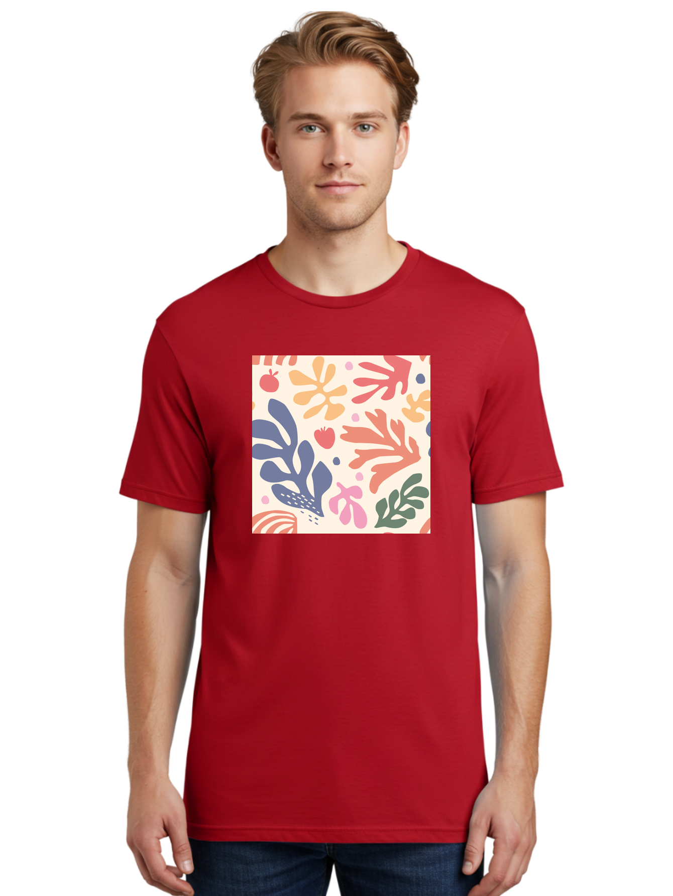 Colorful-Floral-Pattern Men'S Graphic Tee, 100% Cotton, Comfortable Casual Summer Wear, Machine Washable, Colorful Floral Pattern, Abstract Flowers, Vibrant Colors, Playful Design, Whimsical Elements, Artistic Illustration, Red Apple, Aab608