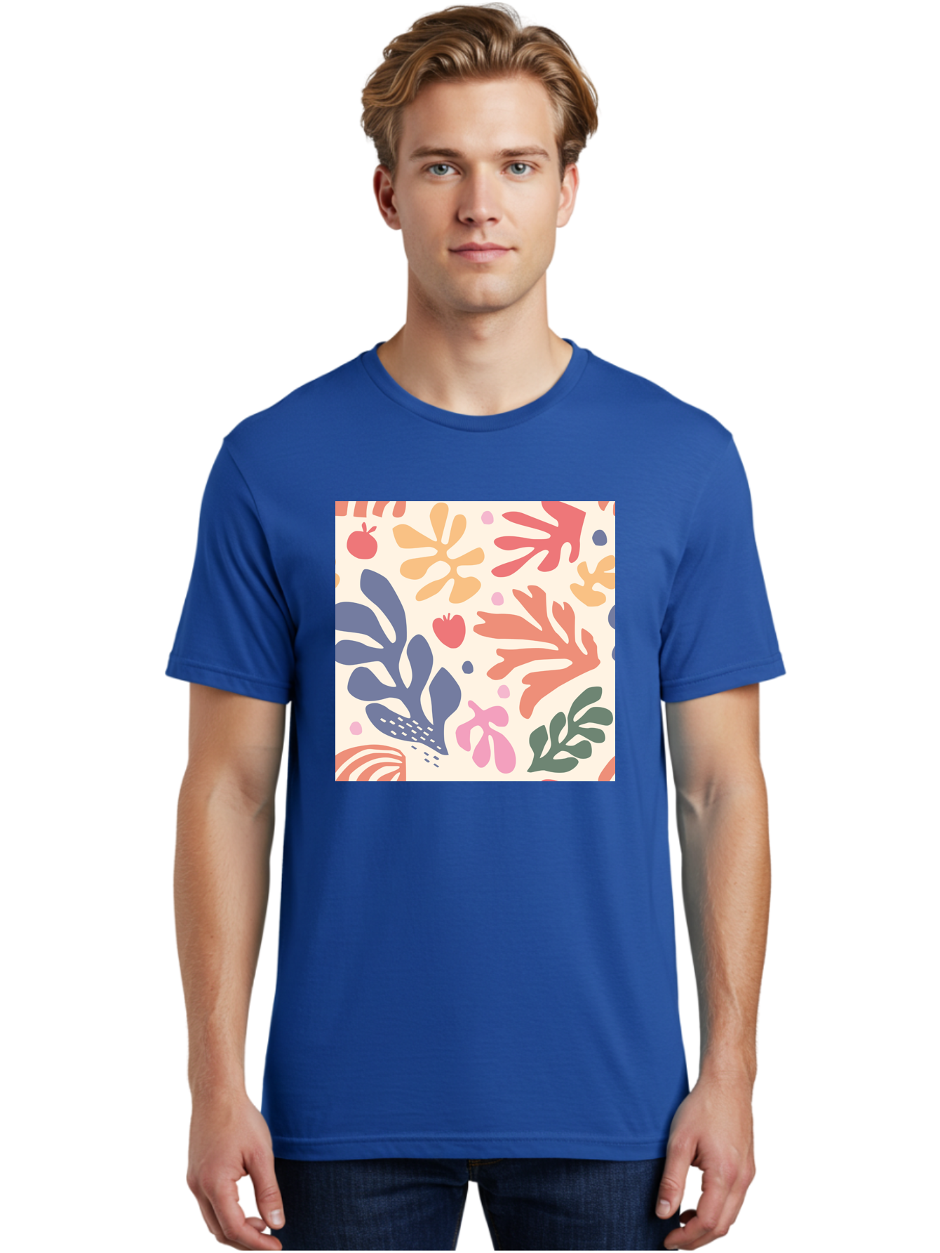 Colorful-Floral-Pattern Men'S Graphic Tee, 100% Cotton, Comfortable Casual Summer Wear, Machine Washable, Colorful Floral Pattern, Abstract Flowers, Vibrant Colors, Playful Design, Whimsical Elements, Artistic Illustration, Red Apple, Aab608