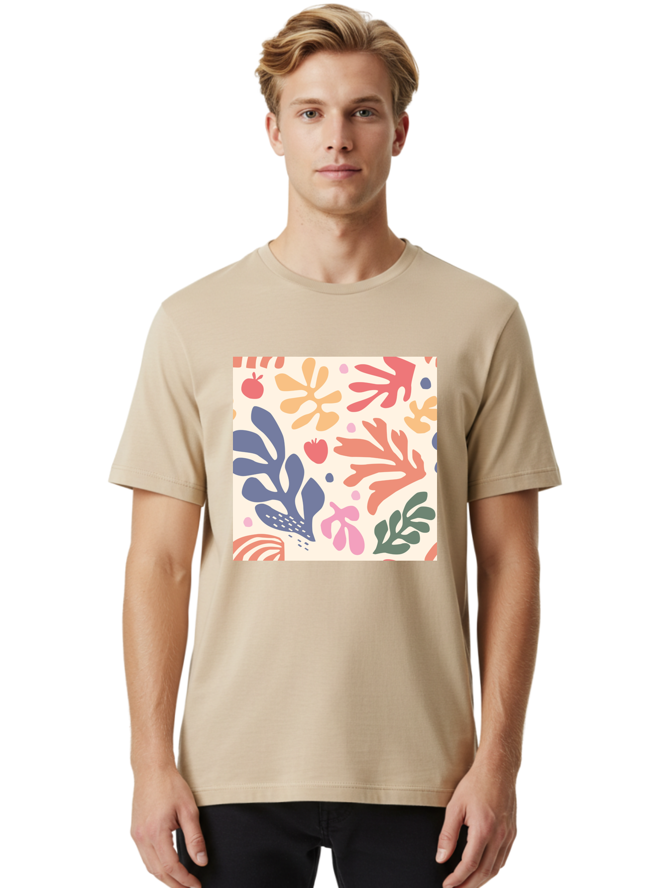 Colorful-Floral-Pattern Men'S Graphic Tee, 100% Cotton, Comfortable Casual Summer Wear, Machine Washable, Colorful Floral Pattern, Abstract Flowers, Vibrant Colors, Playful Design, Whimsical Elements, Artistic Illustration, Red Apple, Aab608