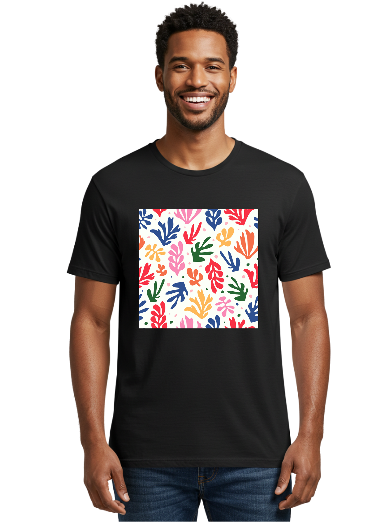 Colorful-Leaves-Pattern Men'S Graphic Tee, 100% Cotton, Comfortable Casual Summer Wear, Machine Washable, Colorful Leaves, Floral Pattern, Vibrant Colors, Playful Design, Abstract Shapes, Whimsical Artwork, Artistic Expression, Aab609