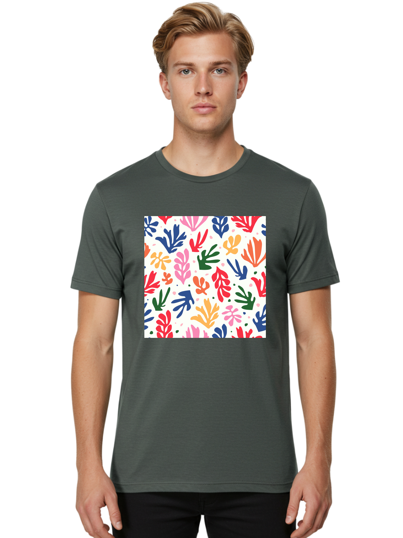Colorful-Leaves-Pattern Men'S Graphic Tee, 100% Cotton, Comfortable Casual Summer Wear, Machine Washable, Colorful Leaves, Floral Pattern, Vibrant Colors, Playful Design, Abstract Shapes, Whimsical Artwork, Artistic Expression, Aab609