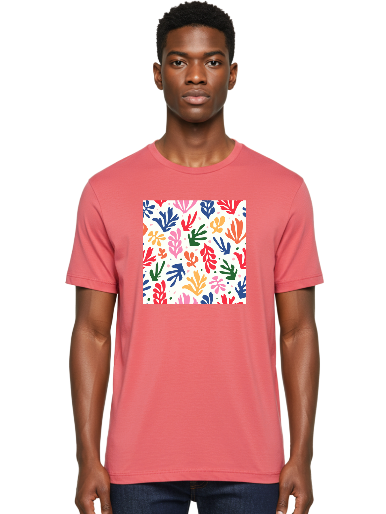 Colorful-Leaves-Pattern Men'S Graphic Tee, 100% Cotton, Comfortable Casual Summer Wear, Machine Washable, Colorful Leaves, Floral Pattern, Vibrant Colors, Playful Design, Abstract Shapes, Whimsical Artwork, Artistic Expression, Aab609