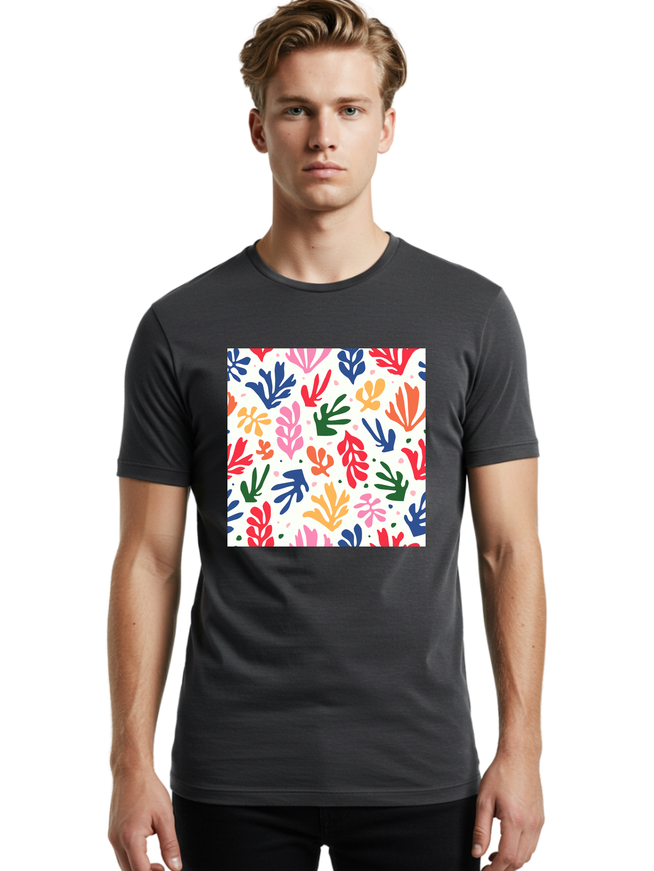 Colorful-Leaves-Pattern Men'S Graphic Tee, 100% Cotton, Comfortable Casual Summer Wear, Machine Washable, Colorful Leaves, Floral Pattern, Vibrant Colors, Playful Design, Abstract Shapes, Whimsical Artwork, Artistic Expression, Aab609