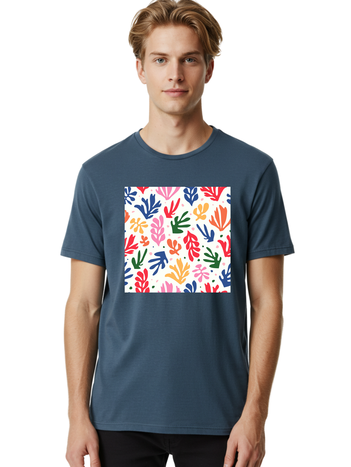 Colorful-Leaves-Pattern Men'S Graphic Tee, 100% Cotton, Comfortable Casual Summer Wear, Machine Washable, Colorful Leaves, Floral Pattern, Vibrant Colors, Playful Design, Abstract Shapes, Whimsical Artwork, Artistic Expression, Aab609