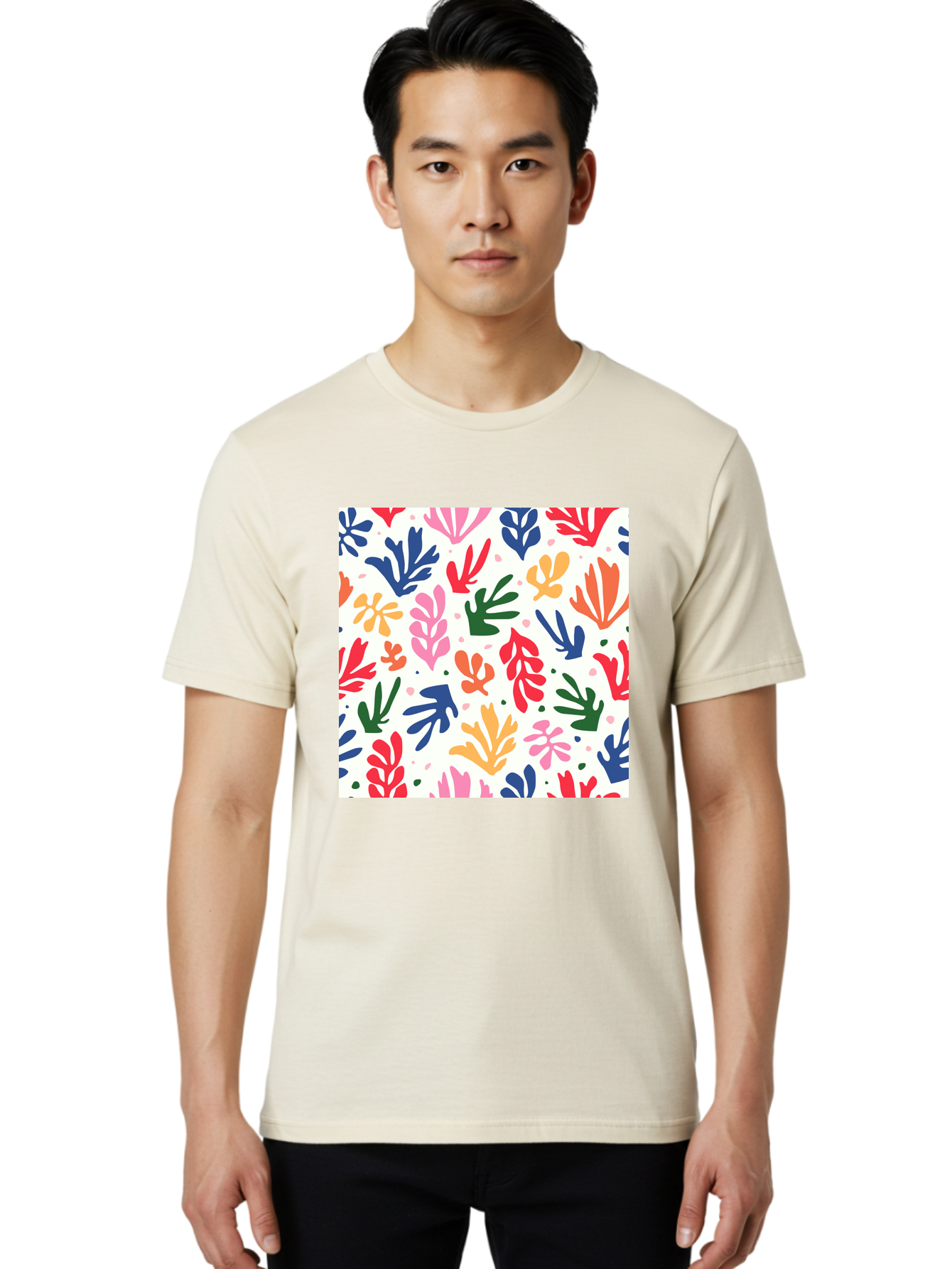 Colorful-Leaves-Pattern Men'S Graphic Tee, 100% Cotton, Comfortable Casual Summer Wear, Machine Washable, Colorful Leaves, Floral Pattern, Vibrant Colors, Playful Design, Abstract Shapes, Whimsical Artwork, Artistic Expression, Aab609