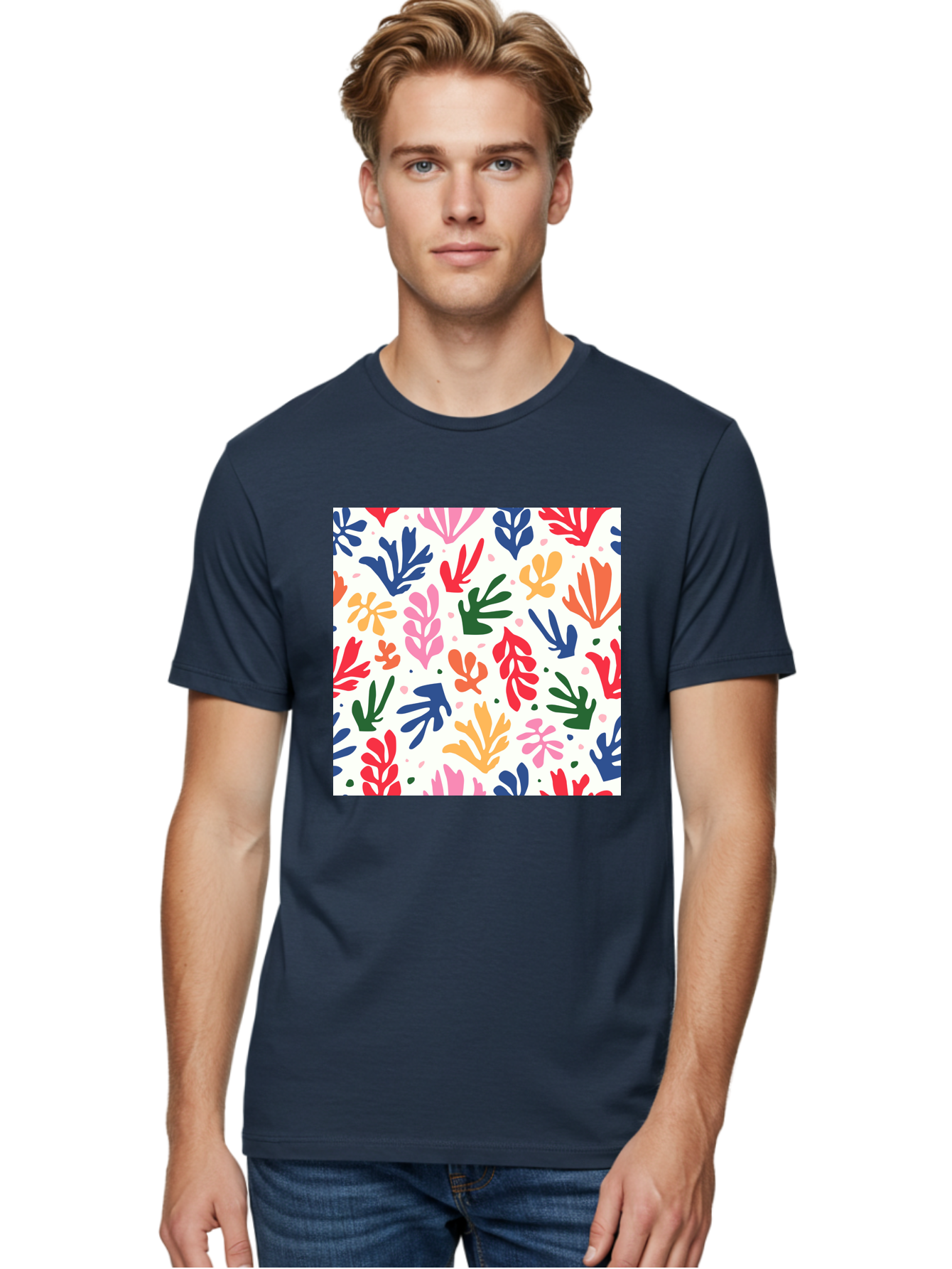 Colorful-Leaves-Pattern Men'S Graphic Tee, 100% Cotton, Comfortable Casual Summer Wear, Machine Washable, Colorful Leaves, Floral Pattern, Vibrant Colors, Playful Design, Abstract Shapes, Whimsical Artwork, Artistic Expression, Aab609