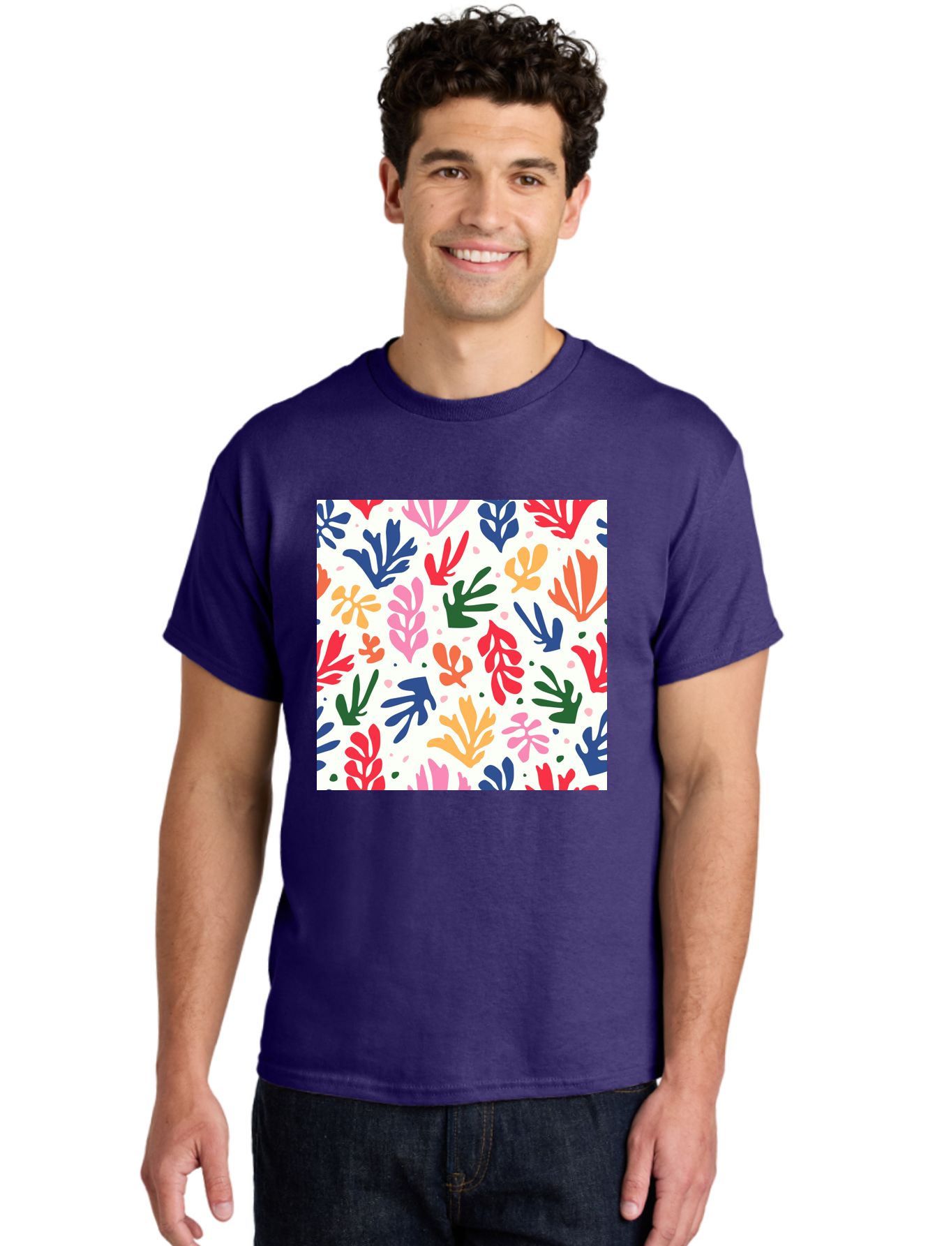 Colorful-Leaves-Pattern Men'S Graphic Tee, 100% Cotton, Comfortable Casual Summer Wear, Machine Washable, Colorful Leaves, Floral Pattern, Vibrant Colors, Playful Design, Abstract Shapes, Whimsical Artwork, Artistic Expression, Aab609