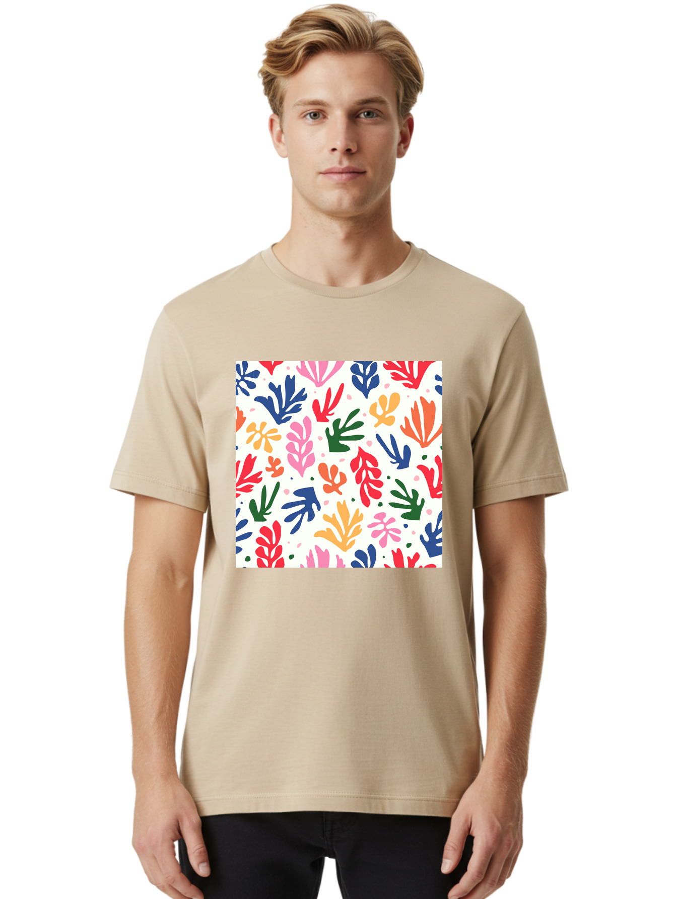 Colorful-Leaves-Pattern Men'S Graphic Tee, 100% Cotton, Comfortable Casual Summer Wear, Machine Washable, Colorful Leaves, Floral Pattern, Vibrant Colors, Playful Design, Abstract Shapes, Whimsical Artwork, Artistic Expression, Aab609