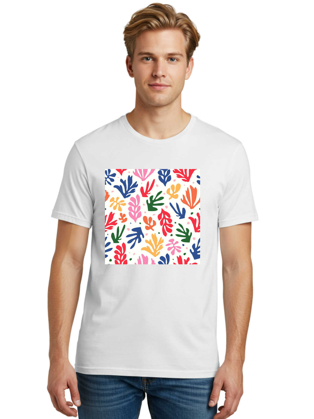 Colorful-Leaves-Pattern Men'S Graphic Tee, 100% Cotton, Comfortable Casual Summer Wear, Machine Washable, Colorful Leaves, Floral Pattern, Vibrant Colors, Playful Design, Abstract Shapes, Whimsical Artwork, Artistic Expression, Aab609