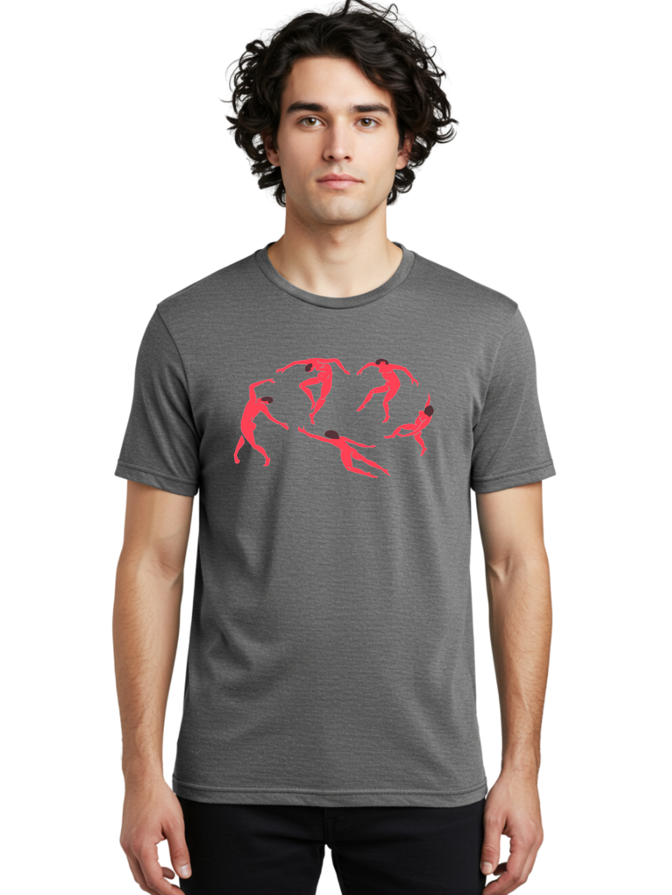 Dancing-Figures-1 Men'S Graphic Tee, 100% Cotton, Comfortable Casual Summer Wear, Machine Washable, Dancing Figures, Dynamic Movement, Neon Pink Silhouettes, Black Hair, Contemporary Dance, Fluid Motion, Abstract Art, Modern Design Aab615